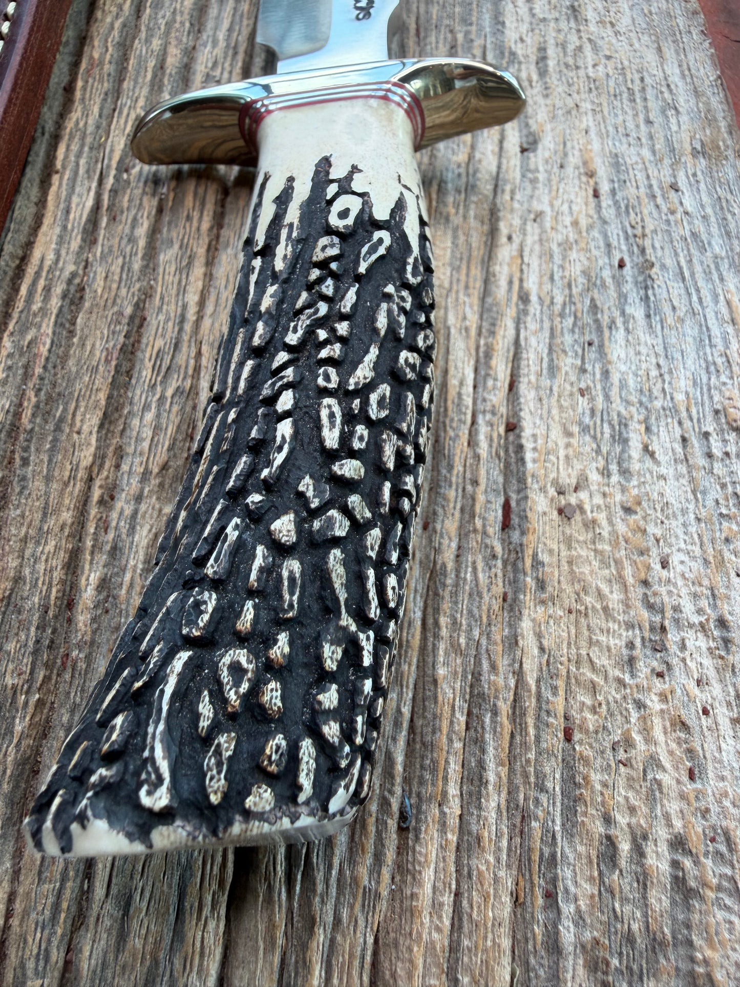 Randall Model 1-7 Popcorn Stag Stainless Nickel Silver Hilt Natural end Red and Aluminum Spacers