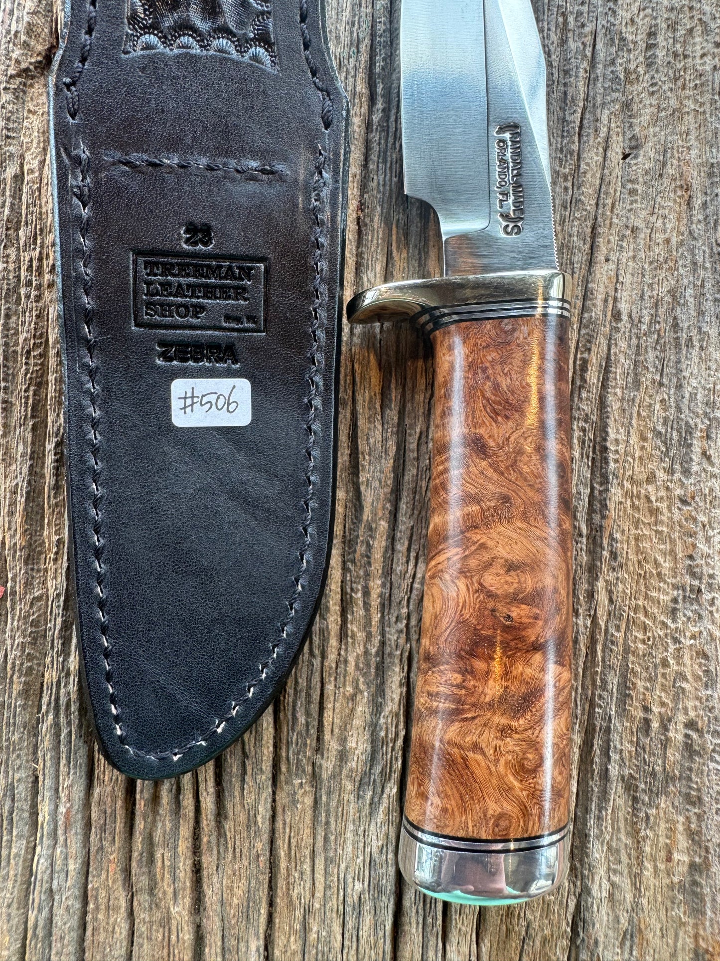 Randall Knife Model 23 Amboyna Burl wood Handle, Stainless Steel blade, Nickel Silver hilt and Butt cap. Exotic Zebra Sheath.