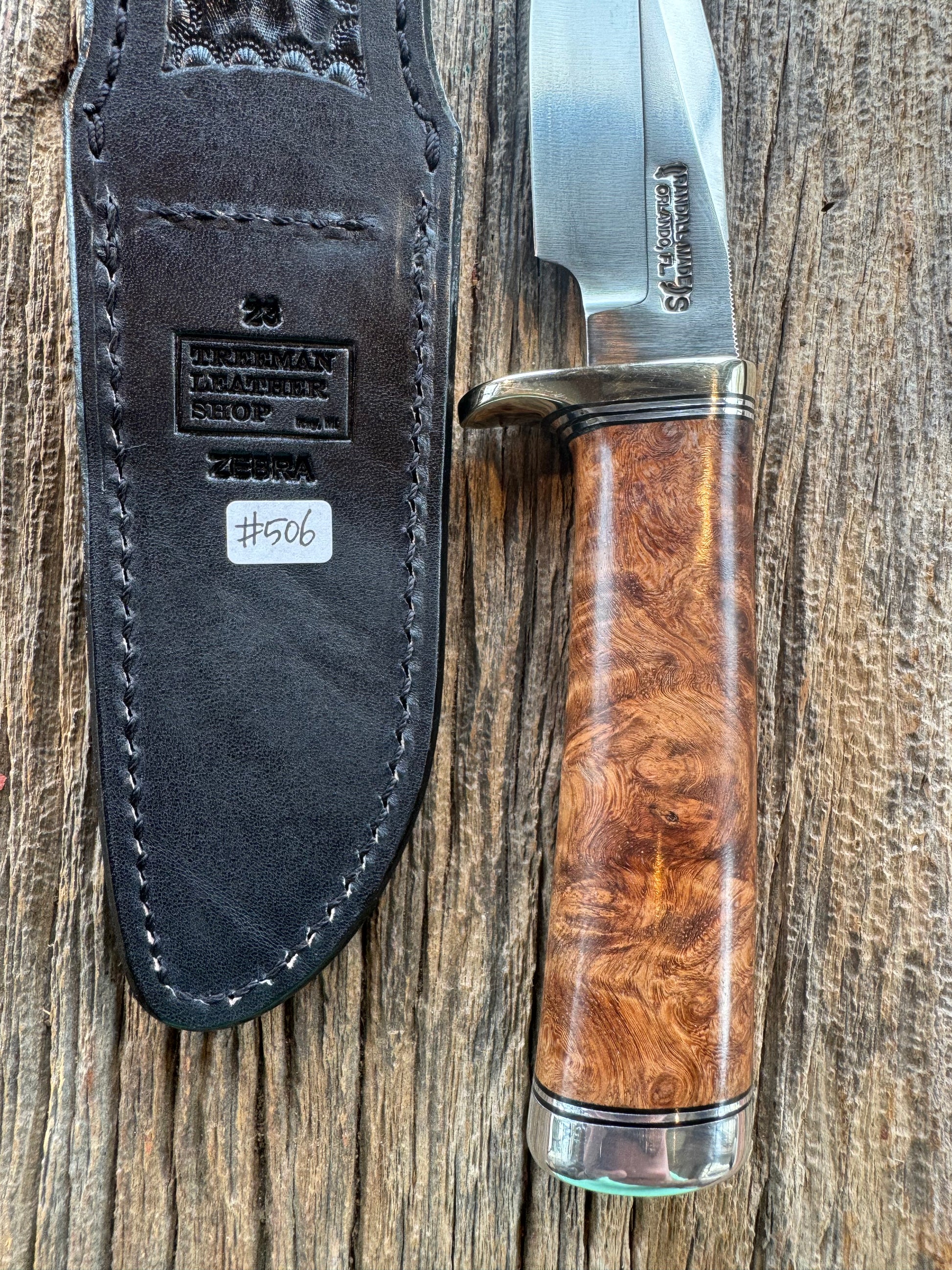 Randall Knife Model 23 Amboyna Burl wood Handle, Stainless Steel blade, Nickel Silver hilt and Butt cap. Exotic Zebra Sheath.