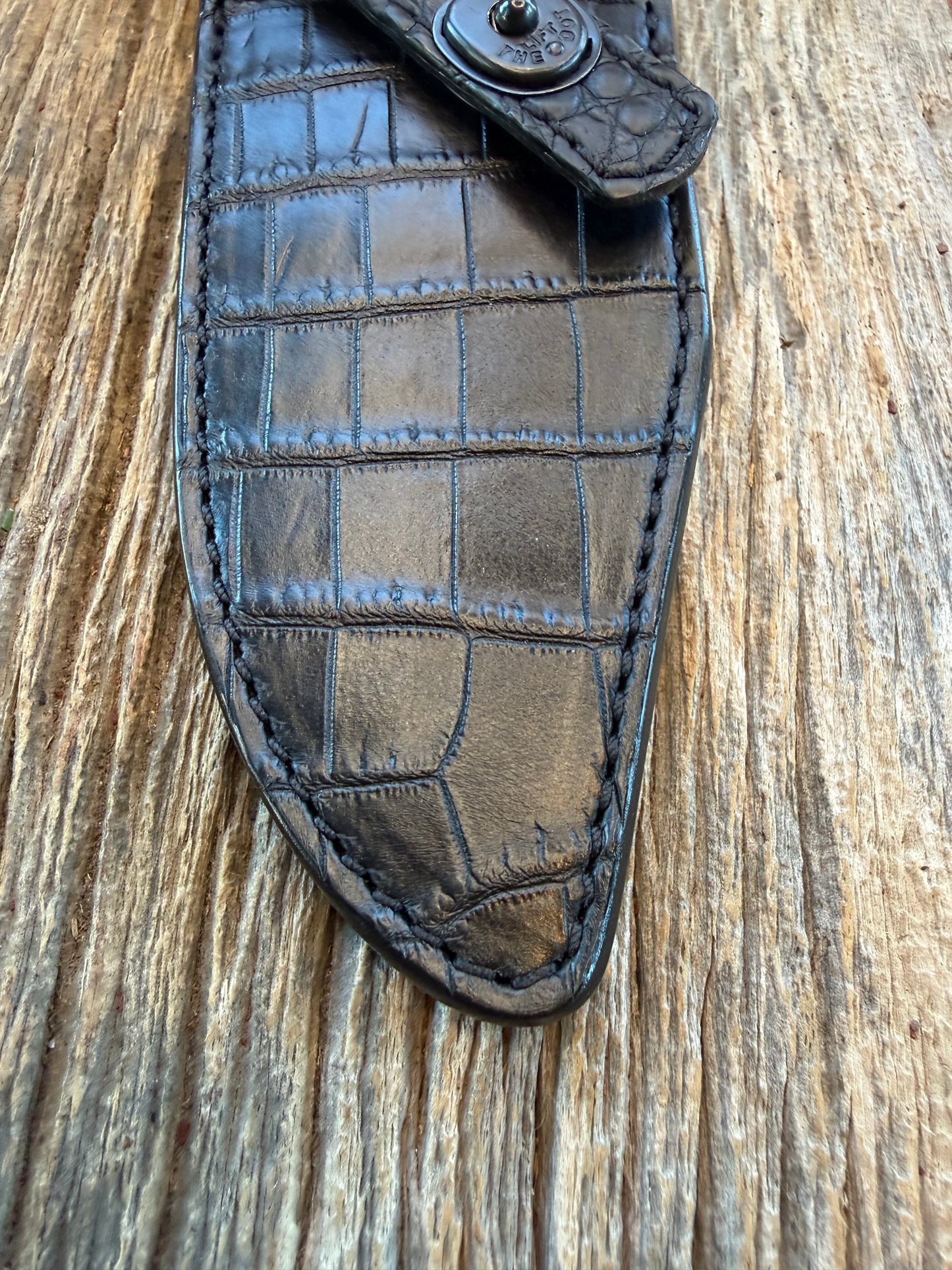 New Randall Model 19-5 Sheath in Exotic Black Crocodile from Treeman. My first sheaths with black snaps.