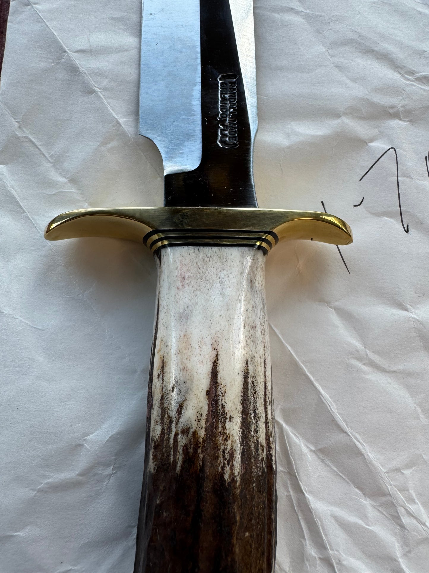New in Paper Randall Knife Model 1-7 in Stag, Brass Hilt and Butt Cap, Black and Gold spacers.