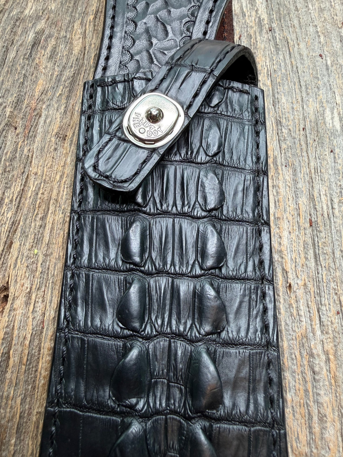 Randall Model 12-9 Sheath in Exotic Black Crocodile tail by Treeman. FCH and a silver canteen snap…