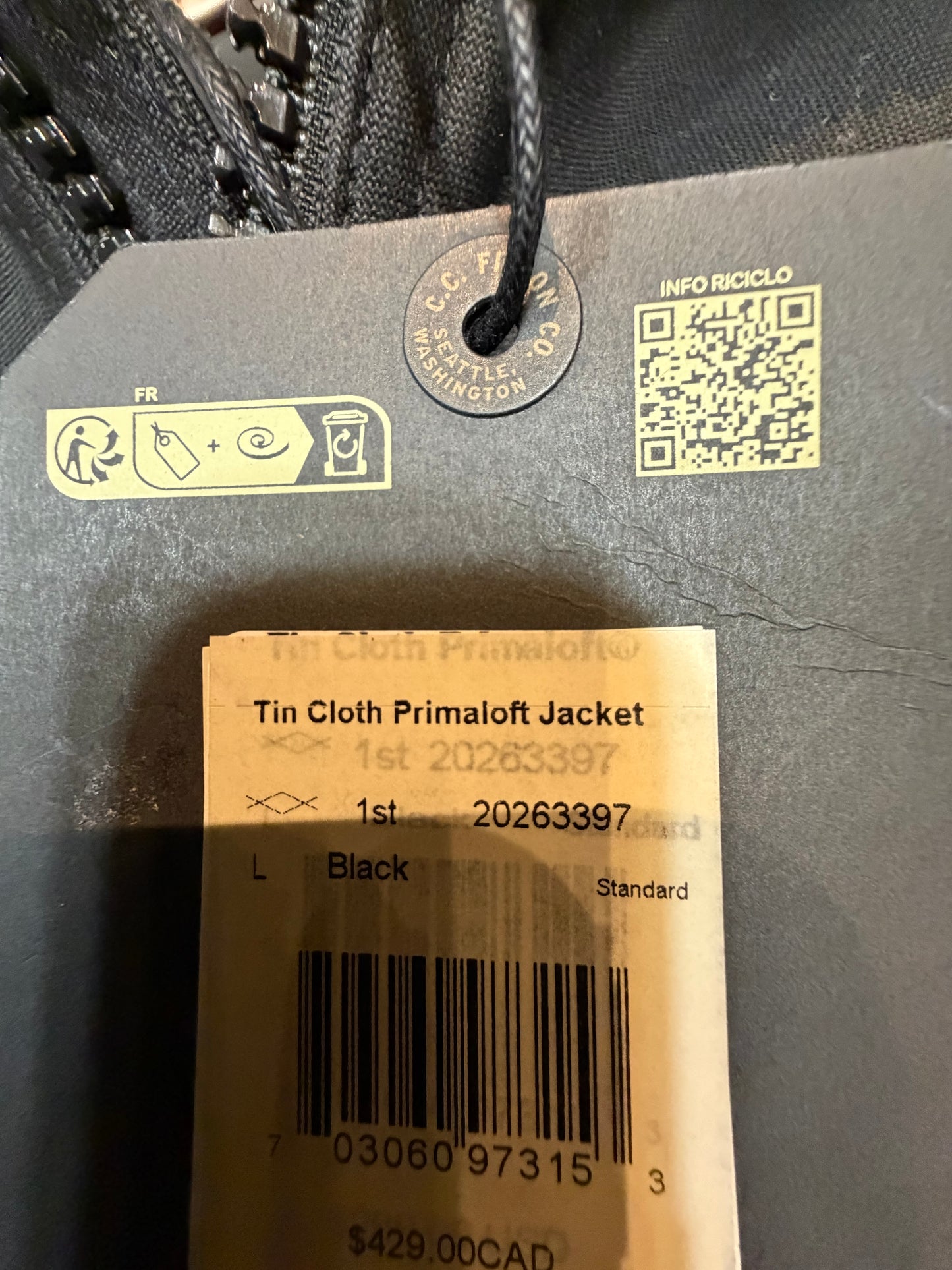 NWT Filson TIN CLOTH PRIMALOFT® JACKET in Black in a size Large NWT