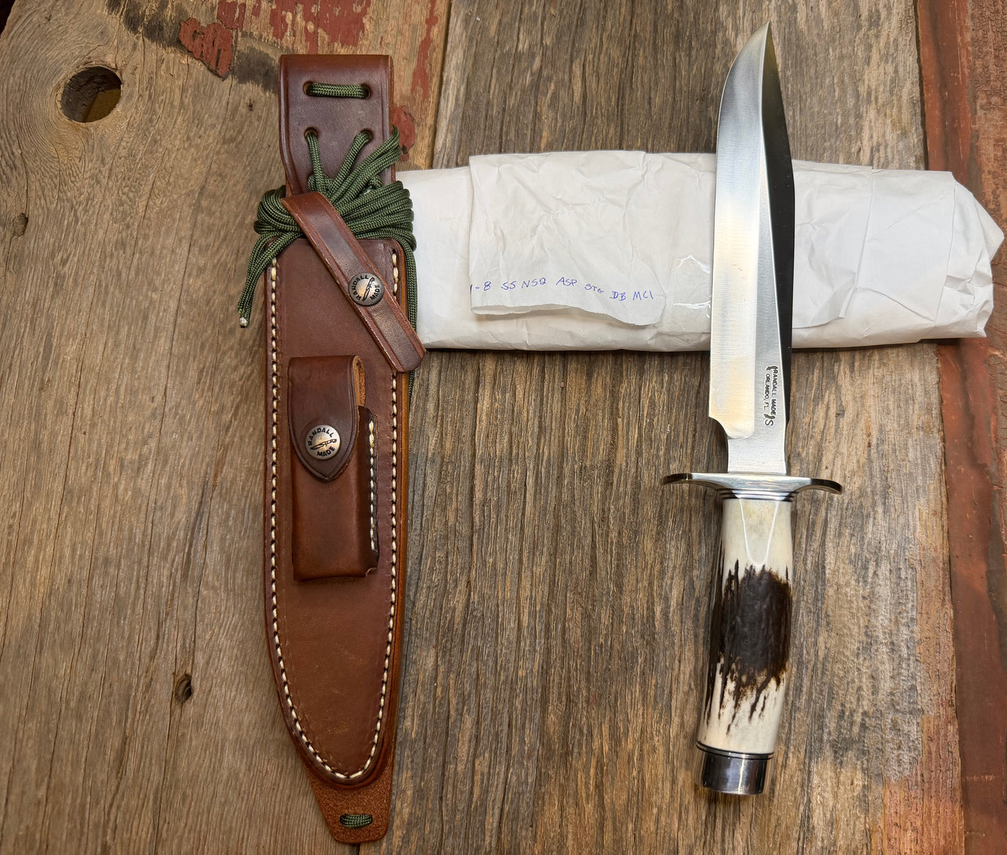 New in Paper Randall Made Knife Model 1-8 Stag , Stainless, Black and Aluminum  spacers, Nickel Hilt.