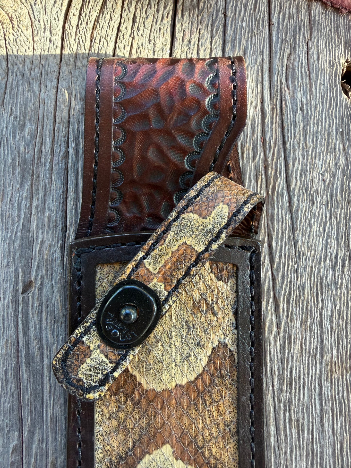 New Randall Model Clinton Special Sheath in Exotic Southern Copperhead from Treeman Sheaths. Black Canteen Snap. Stunning colors and pattern. Very rare skin.