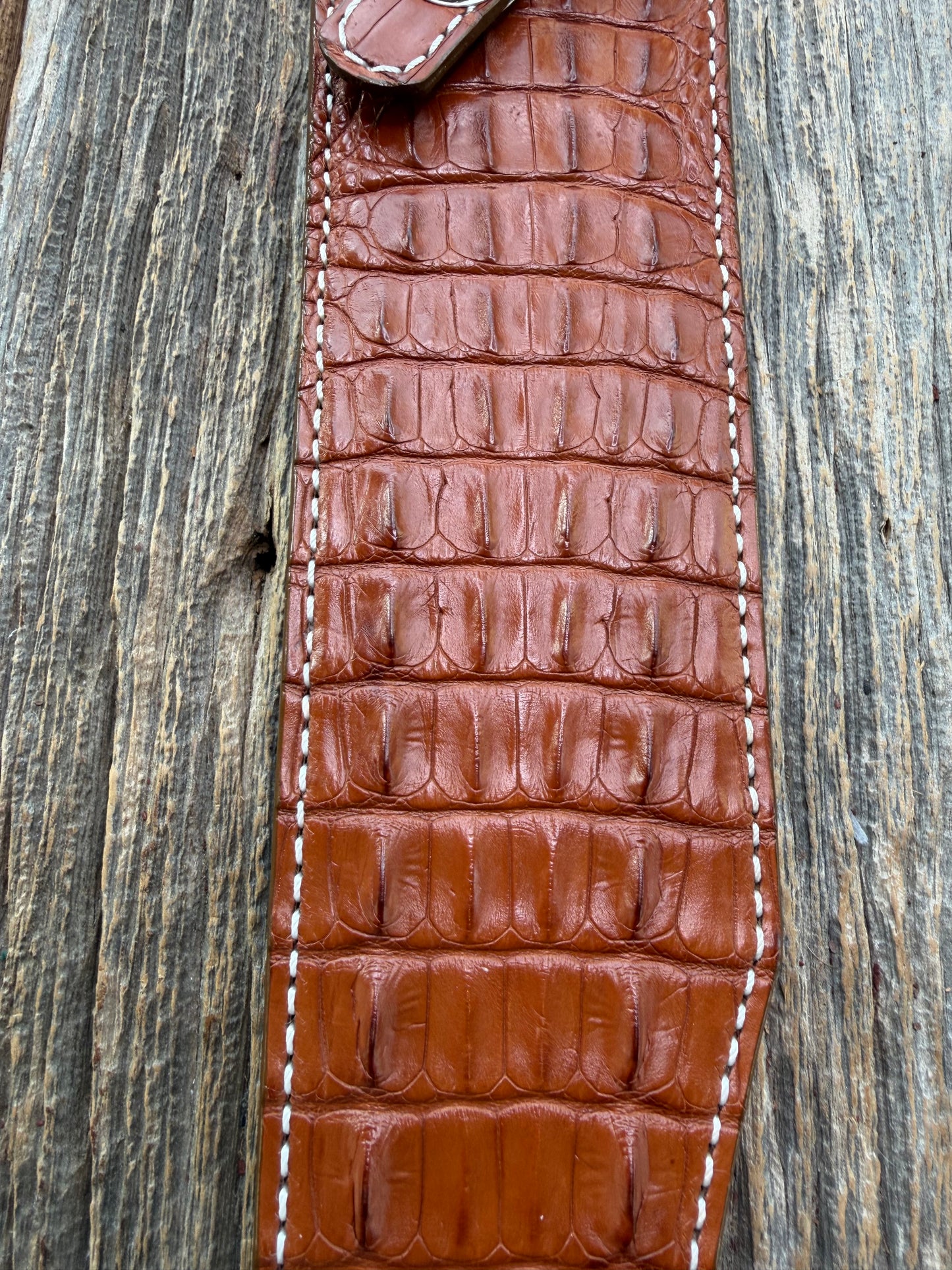 New Randall Model 12-11 Confederate Sheath in Exotic thick and textured Honey Crocodile skin ( Hornback) on brown leather from Treeman with a silver Canteen snap. Hand tooled belt loop. Killer sheath.