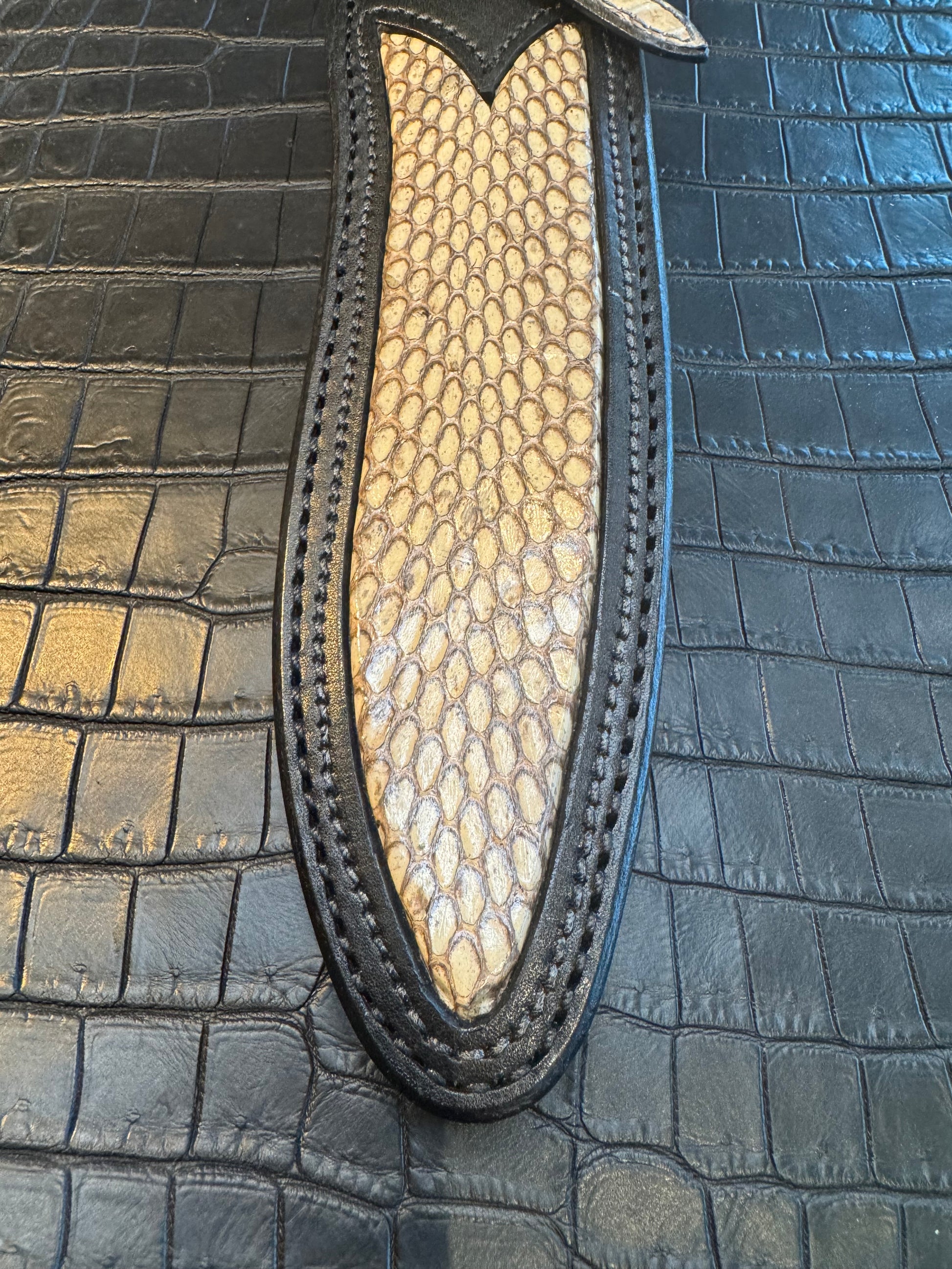 Randall Model Small Sasquatch Sheath in Exotic Python Inlay Custom Made at Sullivan’s by Gutcher.