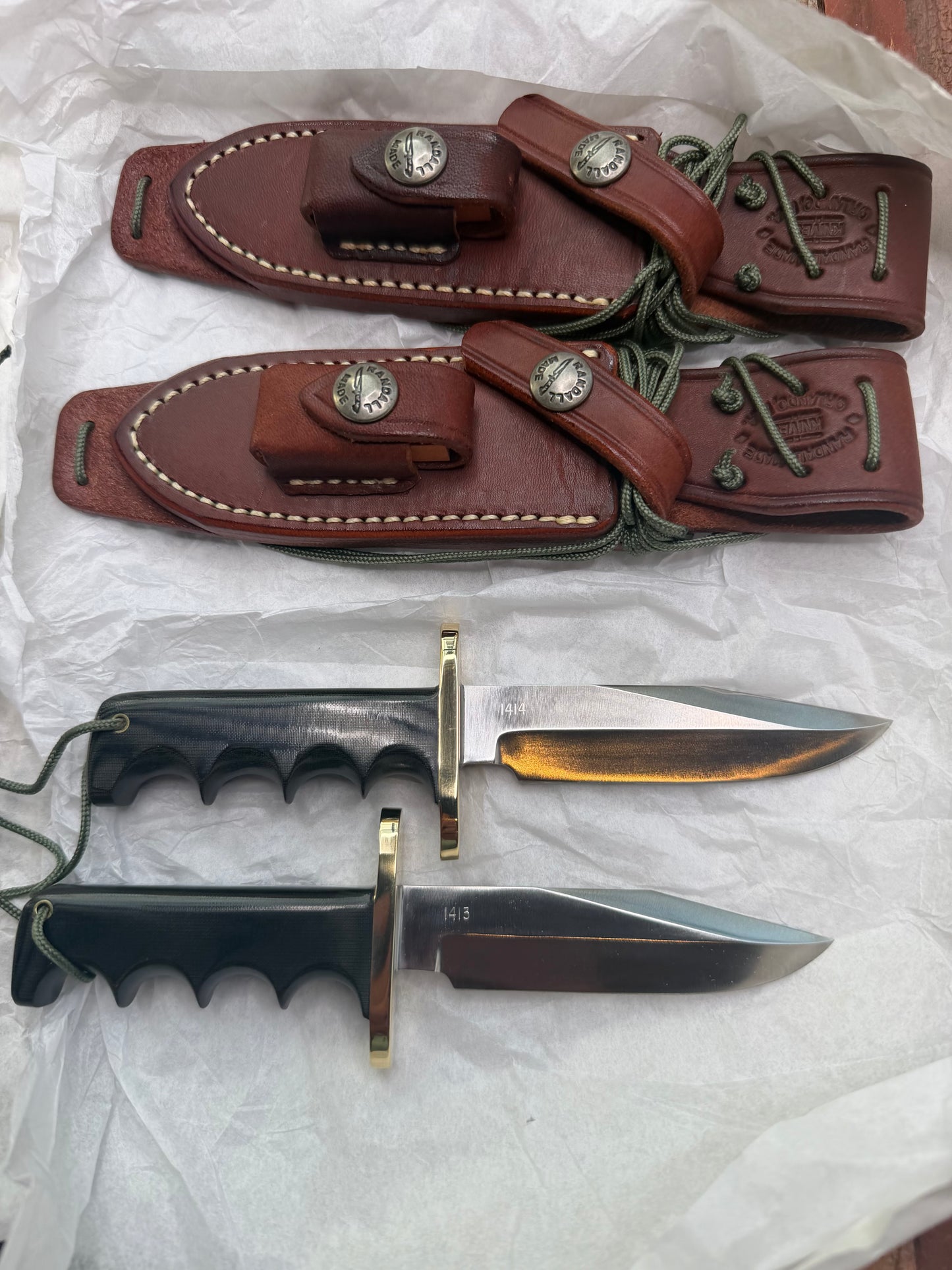 New in Paper a Pair of Sequentially numbered Randall Made Knife Mini Model 14’s Attack Knife Black Micarta SN # 1413 and # 1414