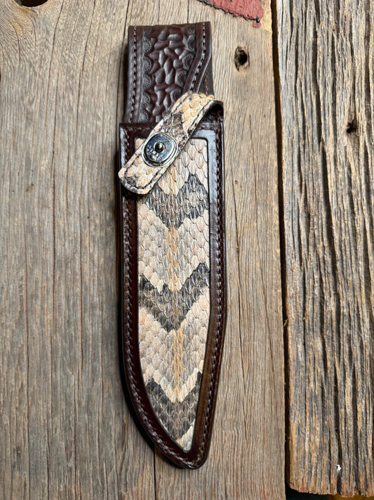 Randall Model 14 sheath with a Canebrake RattleSnake skin from Treeman Sheaths. Vibrant colors and along side Copperheads the hardest skin to source.