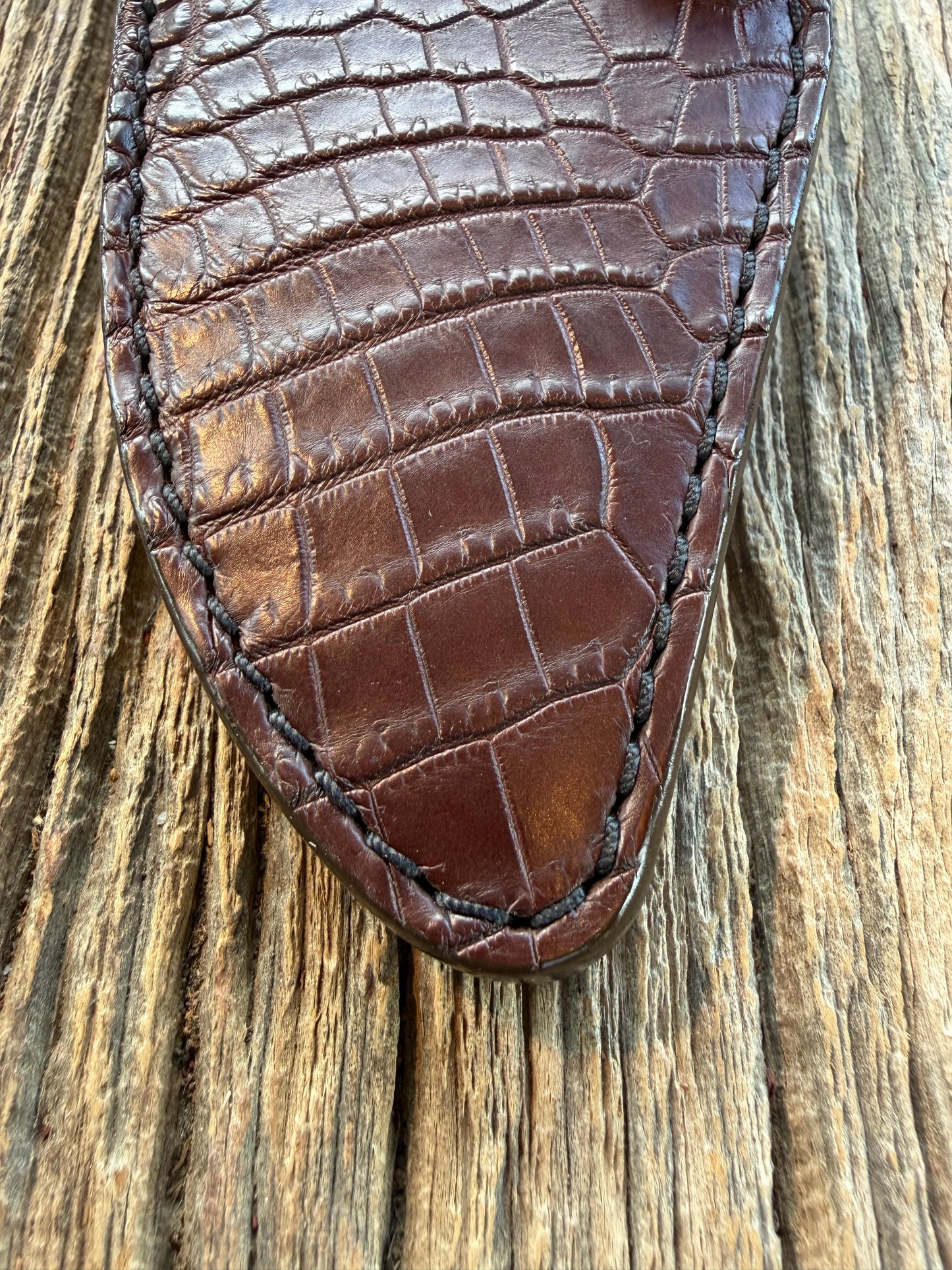 New Randall Model 19-5 Sheath in Exotic Dark Brown Crocodile from Treeman with the newest Black Canteen snap.