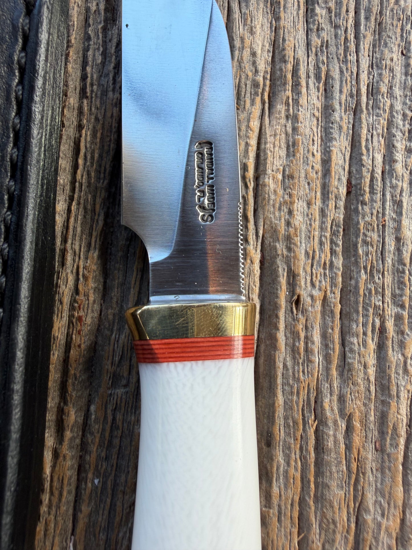 New in Paper Randall Non Catalog Model  Cattleman. White Ivorite handle. Red and silver spacers. Stainless blade.