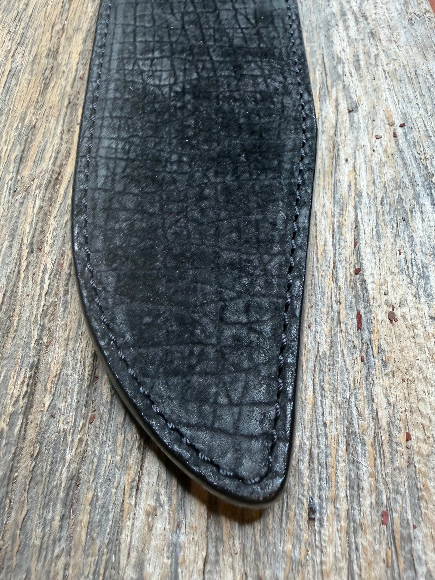 Randall Model 12-9 in Black Hippo, forward curved hilt, black Canteen Snap, full brass stamping and stitching.