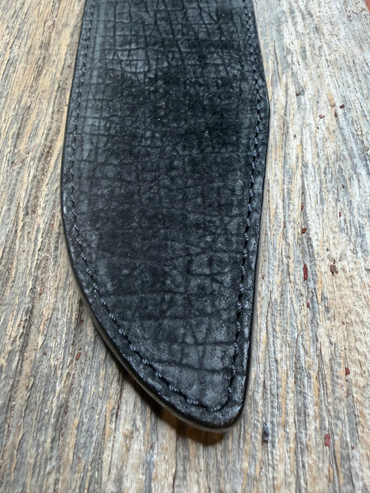 Randall Model 12-9 in Black Hippo, forward curved hilt, black Canteen Snap, full brass stamping and stitching.