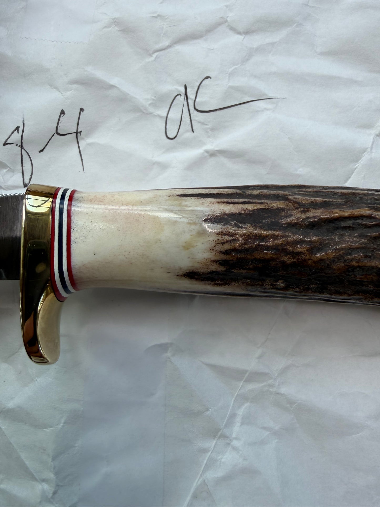 New Randall Knife Model 8-4 New Catalog Old Style Trout & Bird Carbon & Stag, Red white and blue spacers.