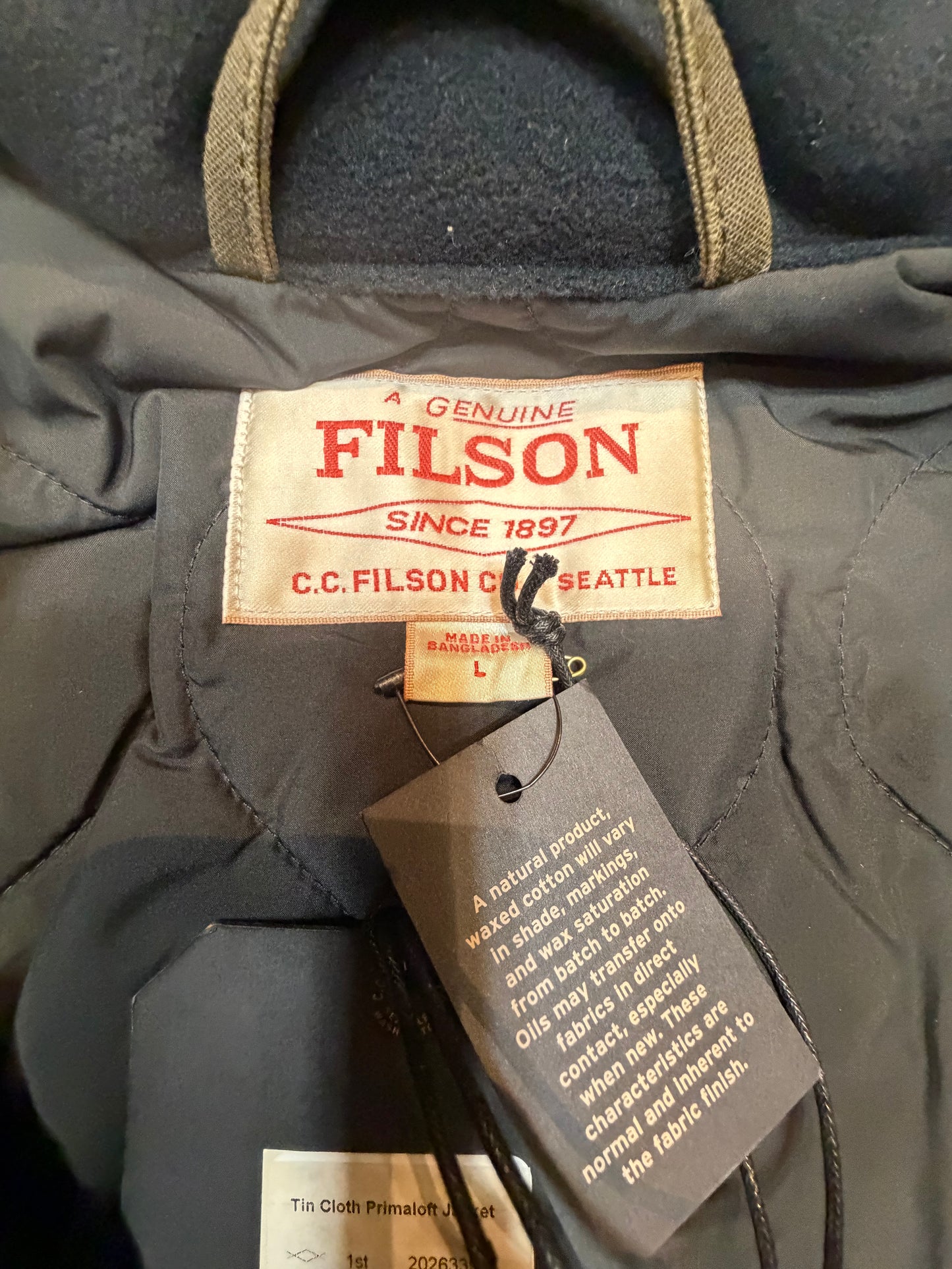 NWT Filson TIN CLOTH PRIMALOFT® JACKET in Otter Green in a size Large NWT