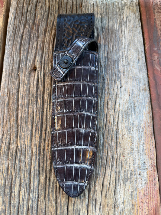 New Randall Model Clinton Special Sheath in Exotic Black/Grey Shiny Crocodile from Treeman with the newest Black Canteen snap.