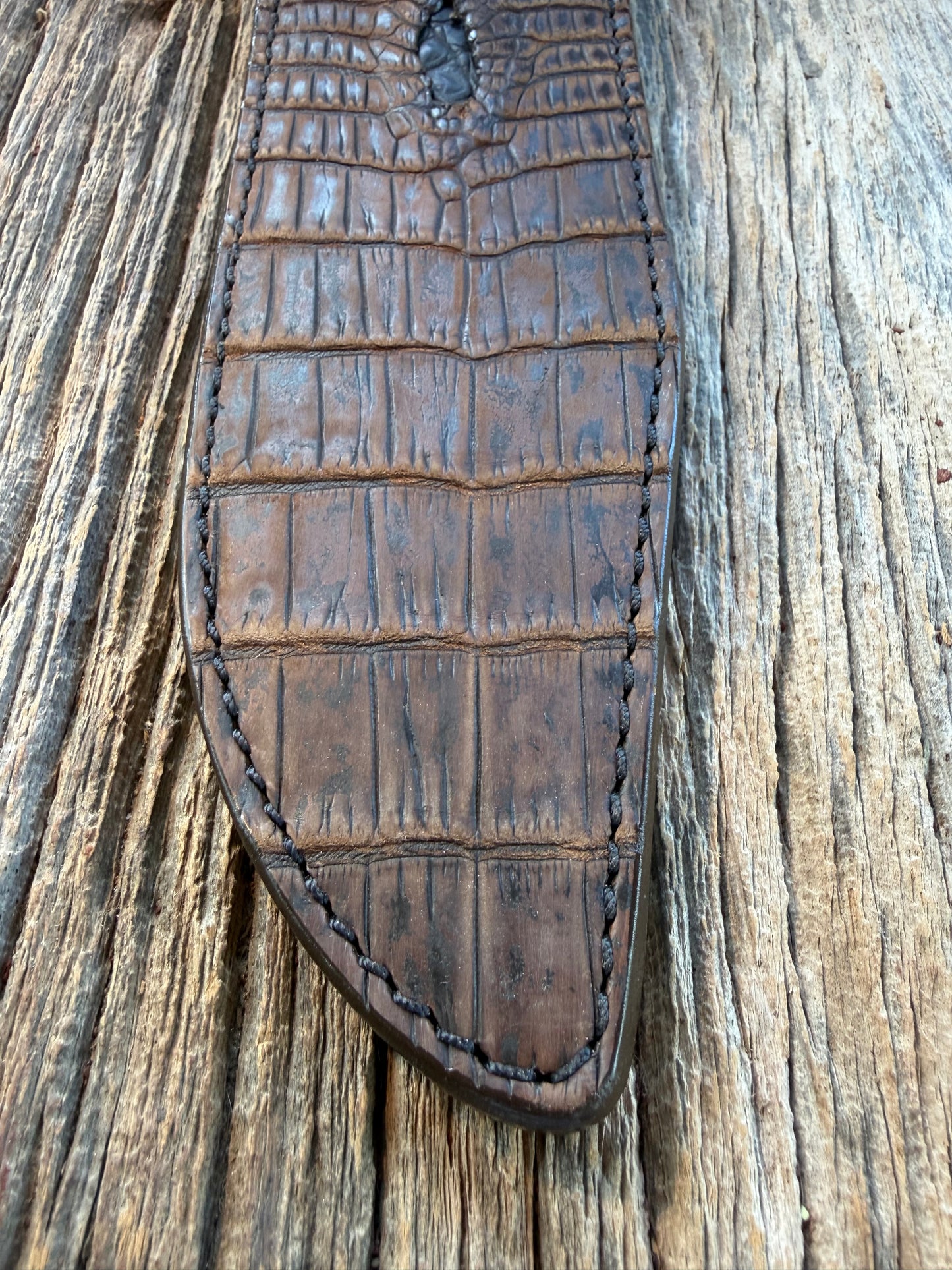 New Randall Model 12-9 Anus Sheath in Exotic Dark Brown Sueded Crocodile from Treeman with the newest Black Canteen snap.