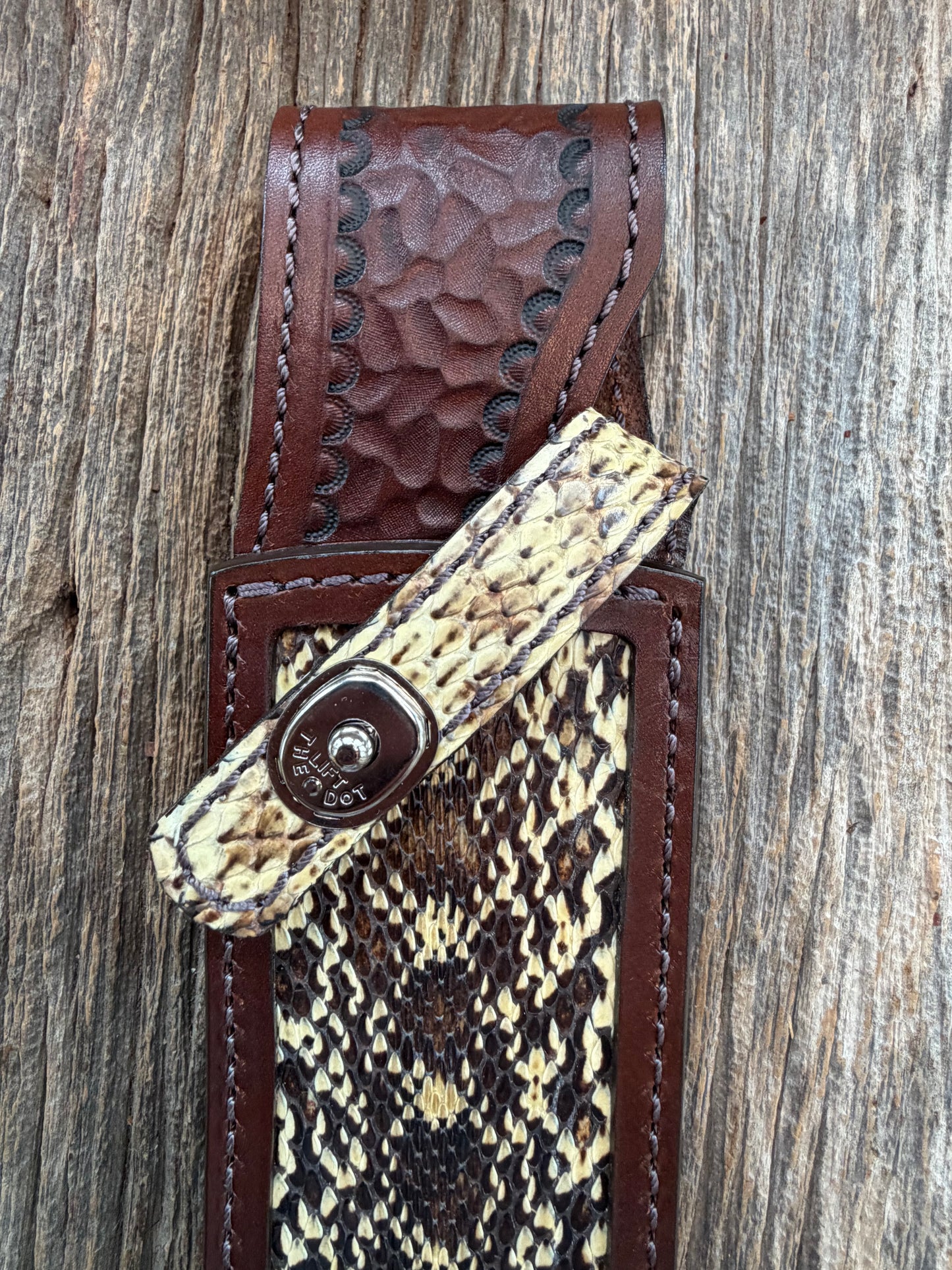 Randall Model Clinton Special Sheath in Exotic West Texas Yellow Gopher Snake from Treeman Sheaths. Incredible color on this one!!