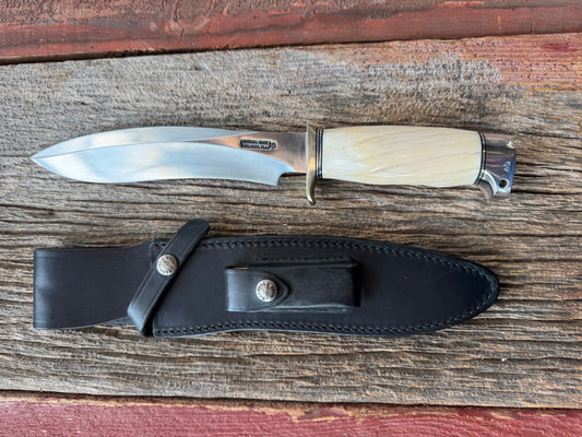 Rare Randall Model Small Sasquatch in Beautiful Spiraled Narwal, Nickel Silver hilt and aluminum crows beak butt. Stainless steel, Stunning and rare.