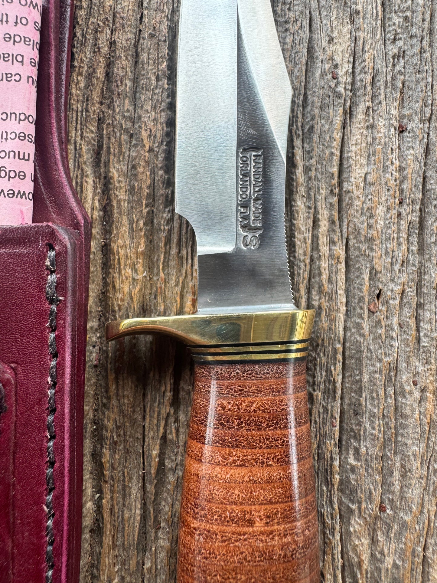 Vintage Randall Stanaback Special. Leather and brass. This is the large Stanaback version with a Stainless 4 1/2” Blade, Brass Single Hilt and Gold & Black Spacers. I have 2 available Serial # 163 and # 164 consecutive numbers. Price is per knife.