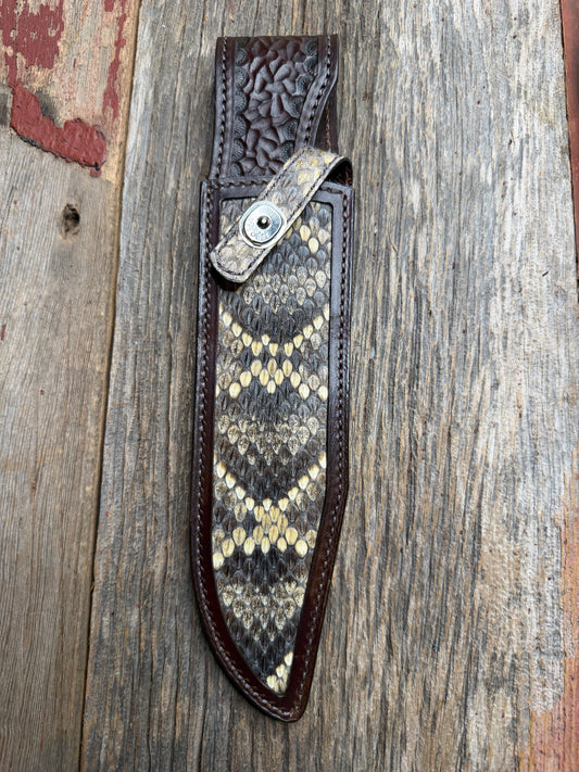 Randall Model 12-9 sheath with an Eastern Diamondback RattleSnake skin from Treeman Sheaths. Hand tooled belt loop, canteen snap. Vibrant colors and one of the hardest skins to source.
