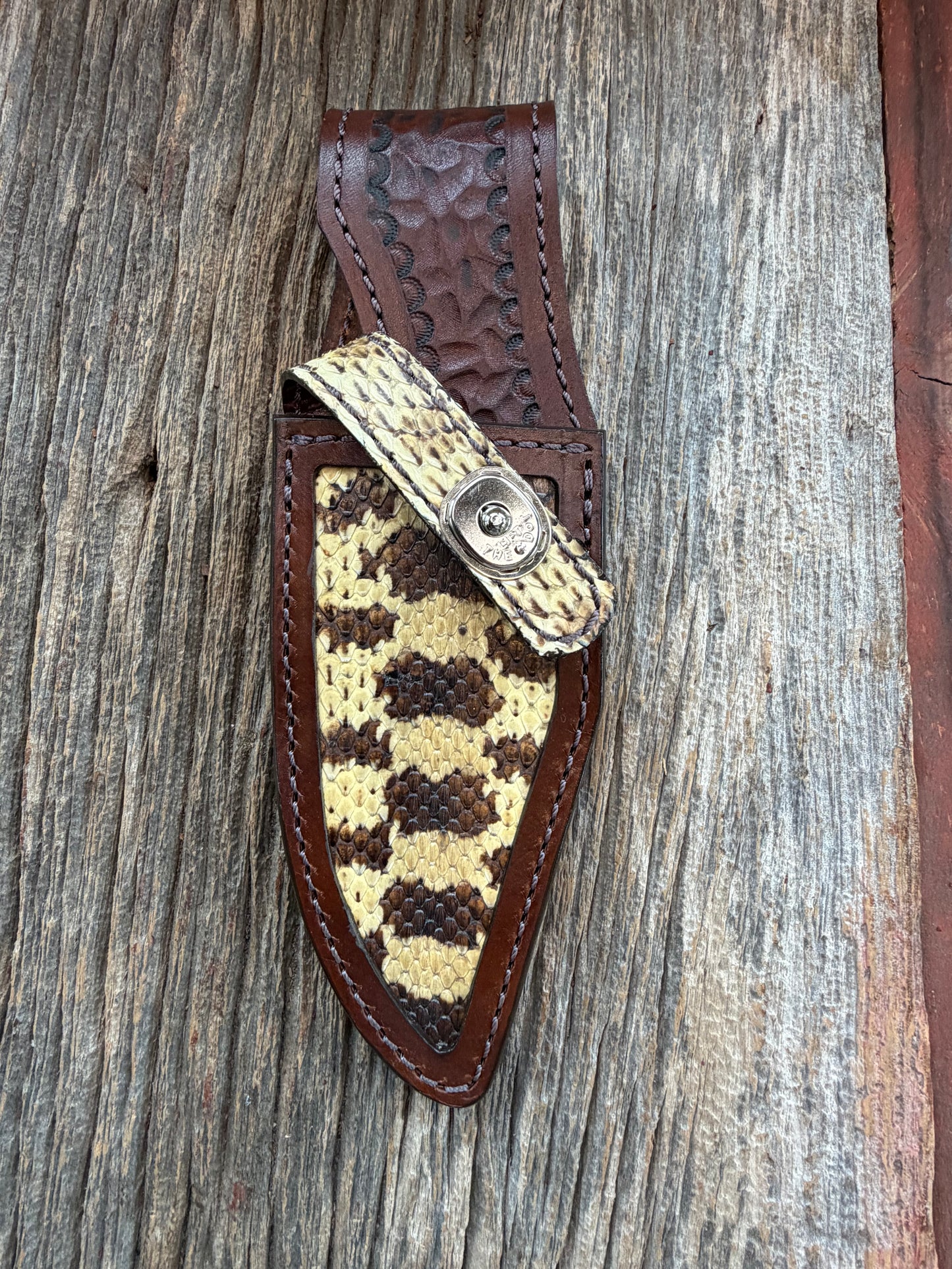 Randall Model 19-5 Sheath in Exotic West Texas Yellow Gopher Snake from Treeman Sheaths.