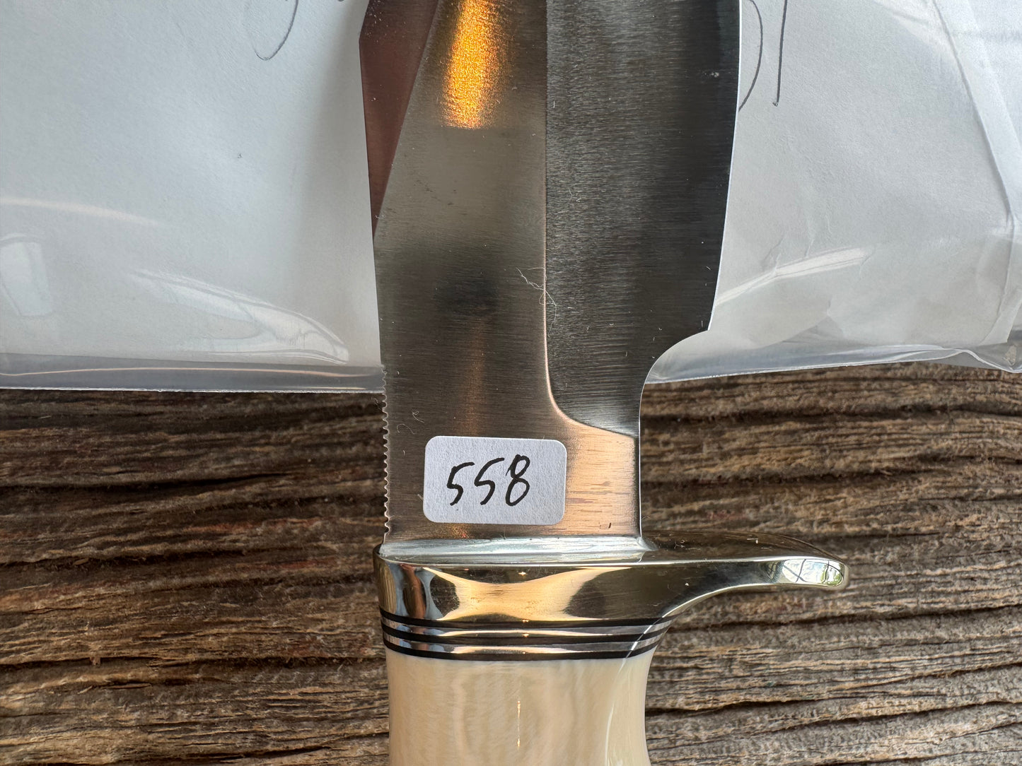 New in paper Randall Model 19-5 with a nice piece of customer supplied Dave Warthers Resin with finger grooves. Stainless Steel, Nickel Silver Hilt and natural end.