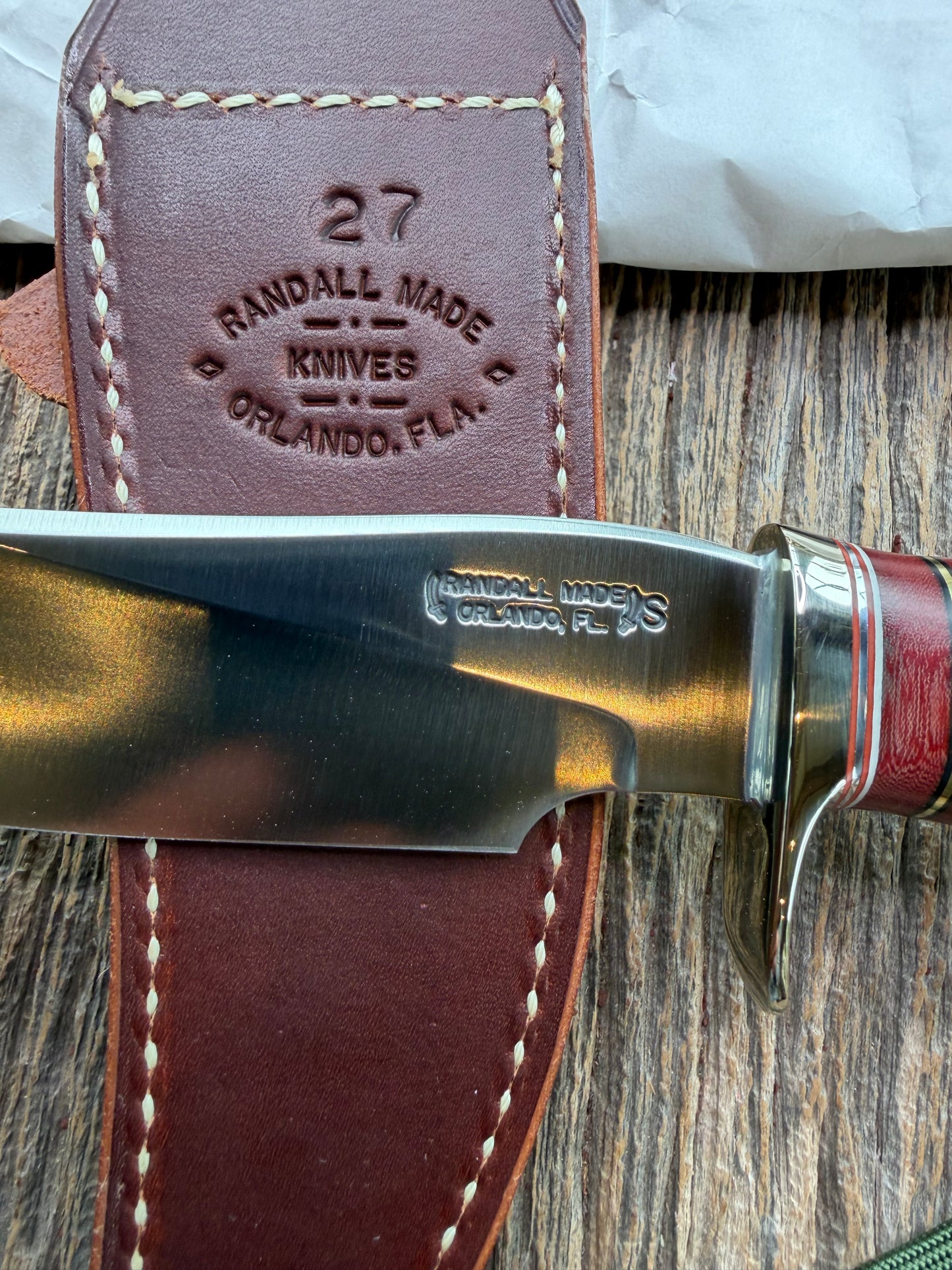 New in Paper Randall Made Knife Model 27-5 with a Stag handle, Stainless, Nickel silver single Hilt, red and aluminum spacers, loaded!!