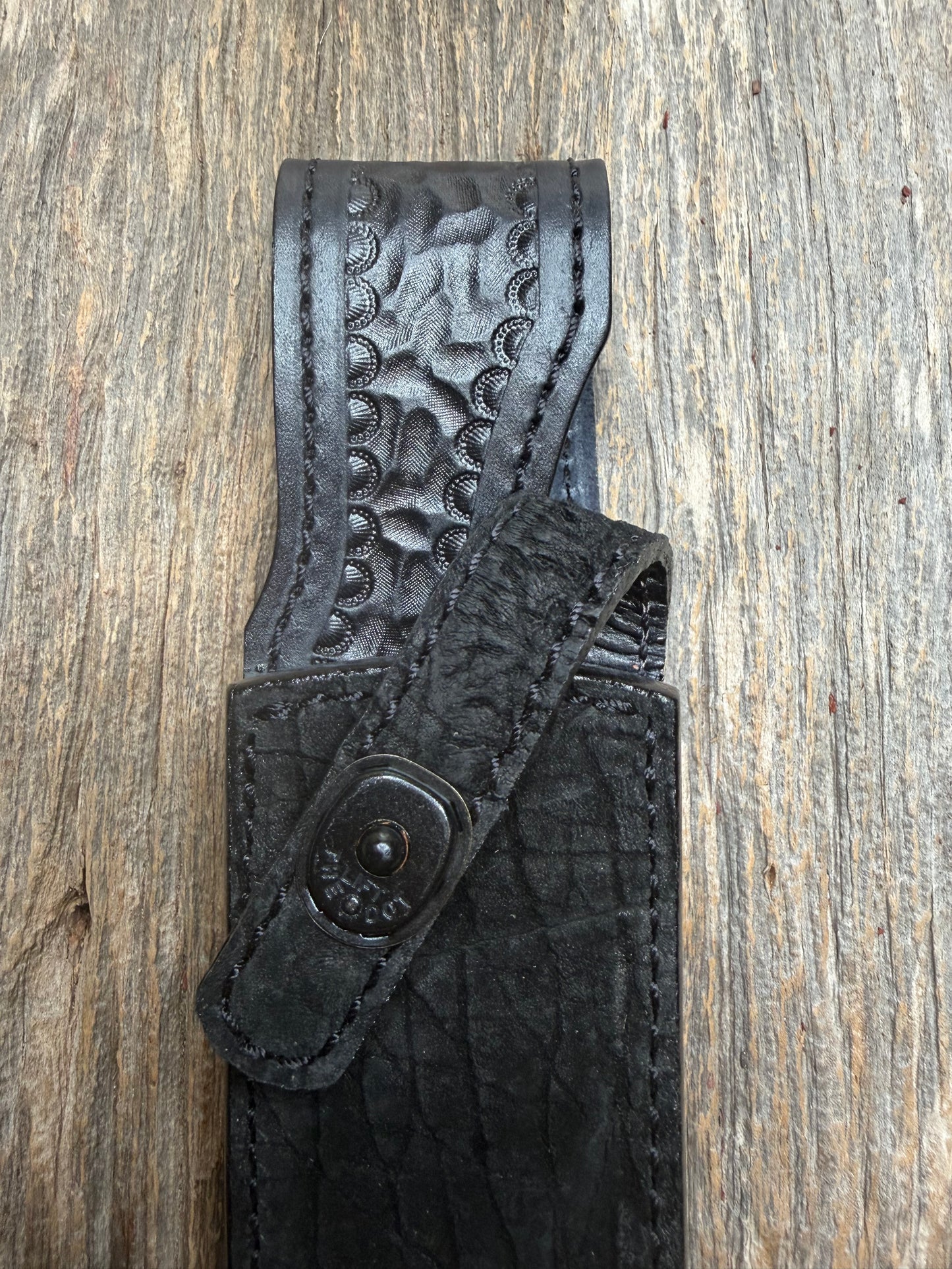 Randall Model Buxton Fighter in Black Hippo, forward curved hilt, black Canteen Snap, full brass stamping and stitching.