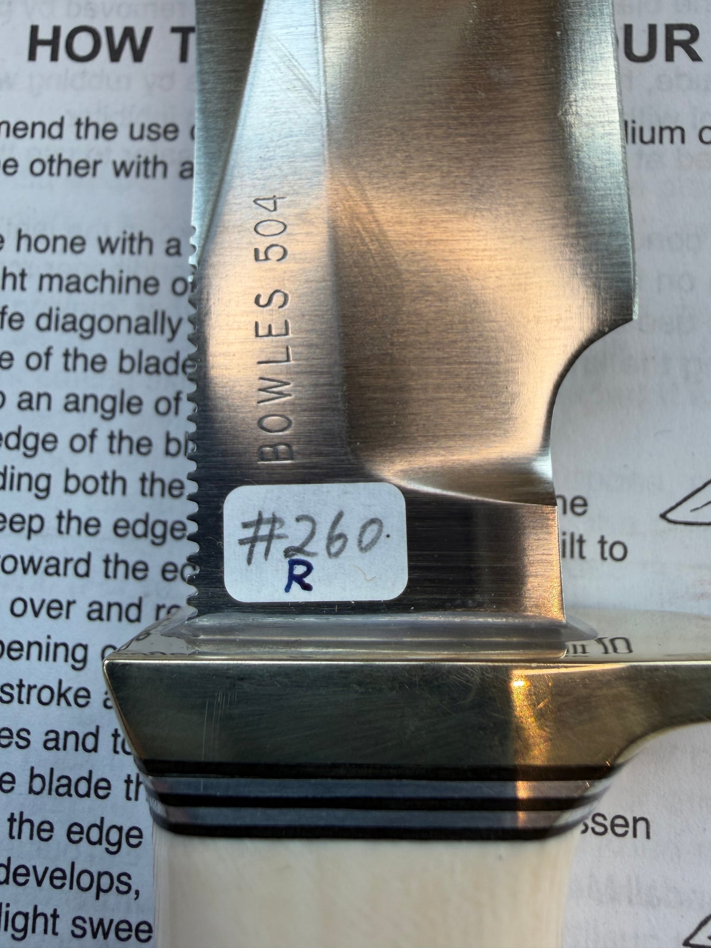 New Randall Model Bowles Skinner # 504 with a Warthers Resin finger grooves handle. Nickel silver Single Hilt and natural end with a compass.