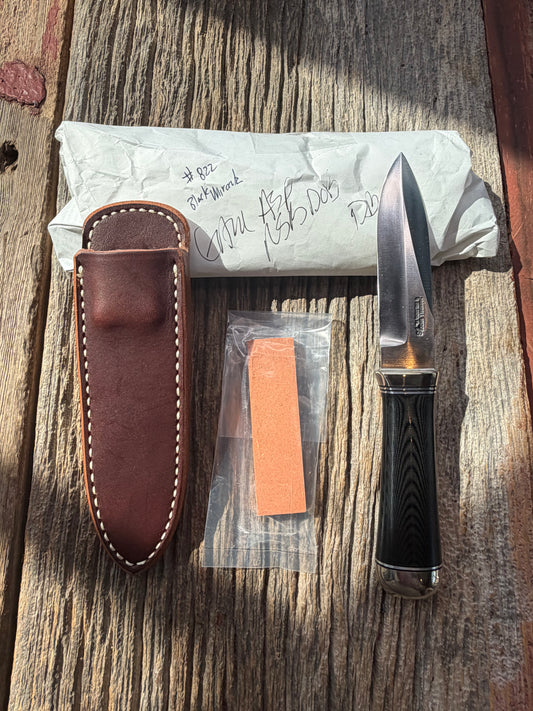 New in Paper Randall Model “Gambler” 4 Inch in a Black Micarta handle, Nickel hilt, Stainless steel blade, rounded nickel silver butt cap.