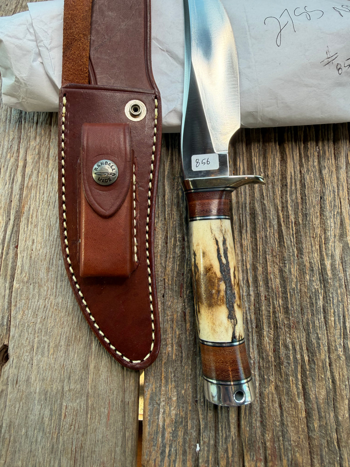 New in Paper Randall Made Knife Model 27-5 with a 25 style Stag handle, stainless, Nickel silver single Hilt, black and aluminum spacers, Aluminum  butt cap with Lanyard hole, loaded!!