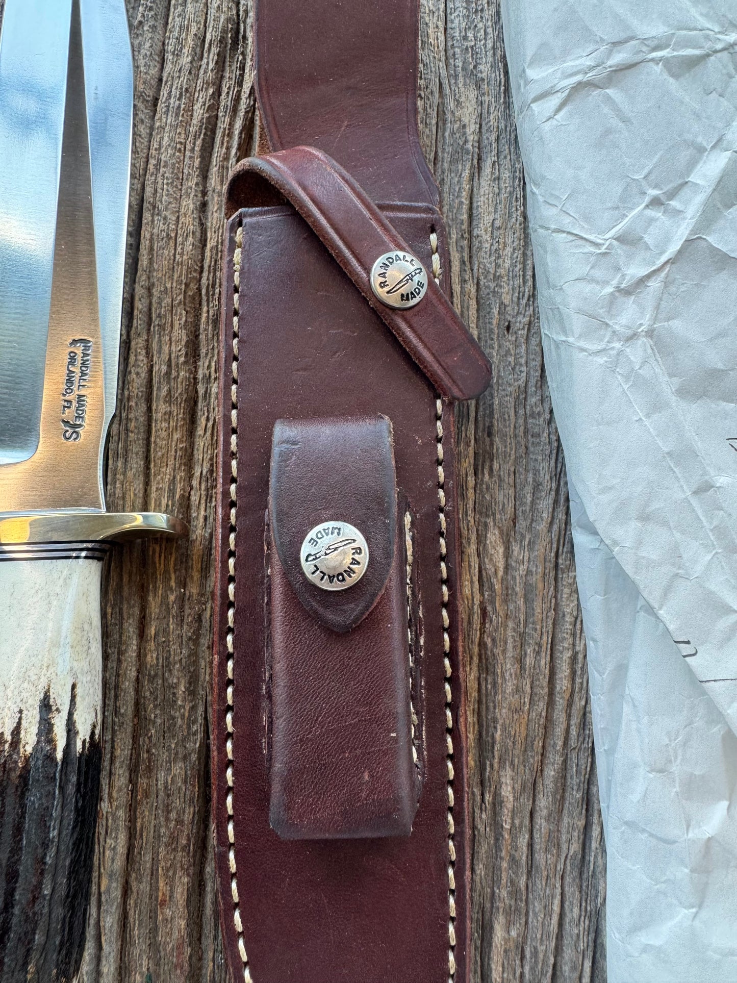 New in paper Randall Model 1-8 with shop Stag. Nickel silver Hilt and Aluminum Butt cap.
