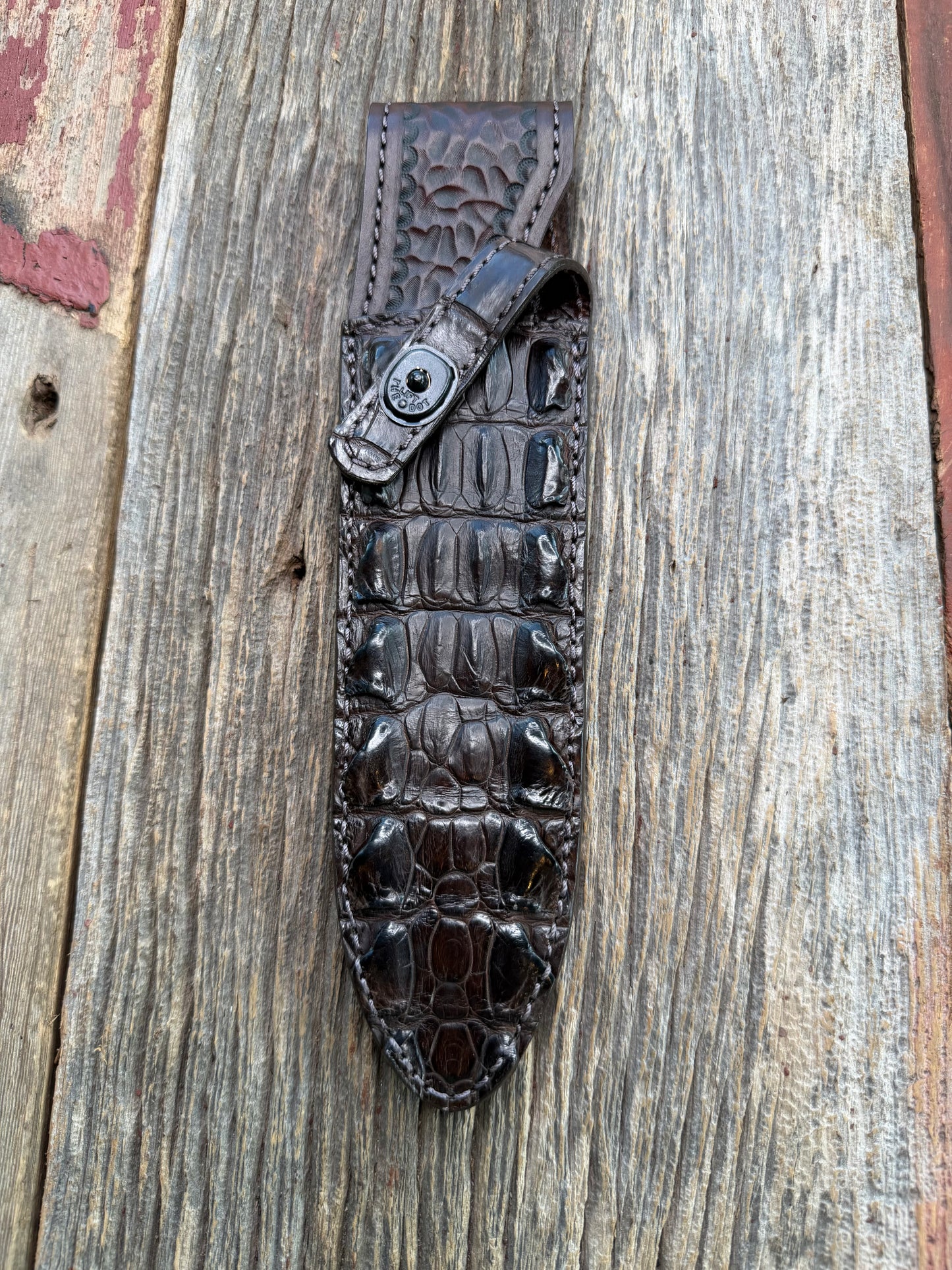 New Randall Model TC Clinton Special Sheath in Exotic Chocolate Brown Matte Crocodile Tail from Treeman with the newest Black Canteen snap. Killer sheath.