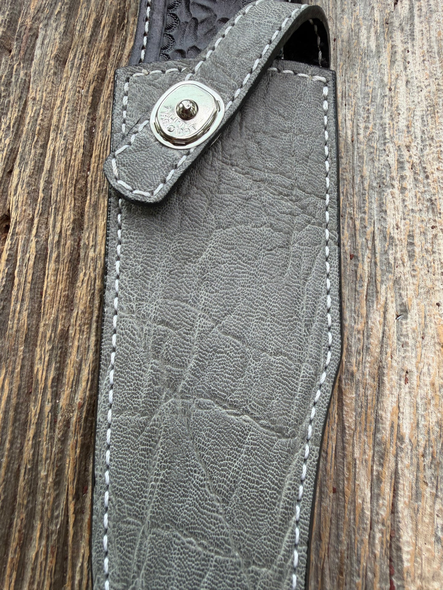 New Randall Model 12-8 Big Bear Sheath in Exotic thick and textured Grey Elephant Hide on black leather from Treeman with a silver Canteen snap. Hand tooled belt loop. Killer sheath.