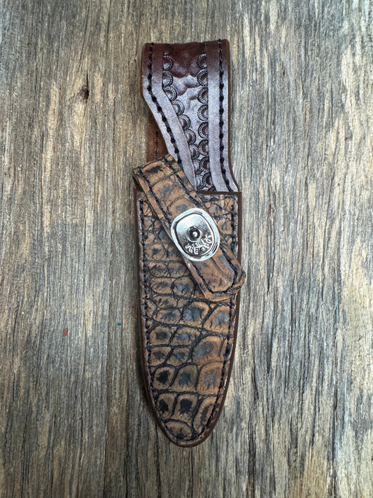 Randall Model 8-4 Sheath in Exotic Brown Sueded Crocodile from Treeman.
