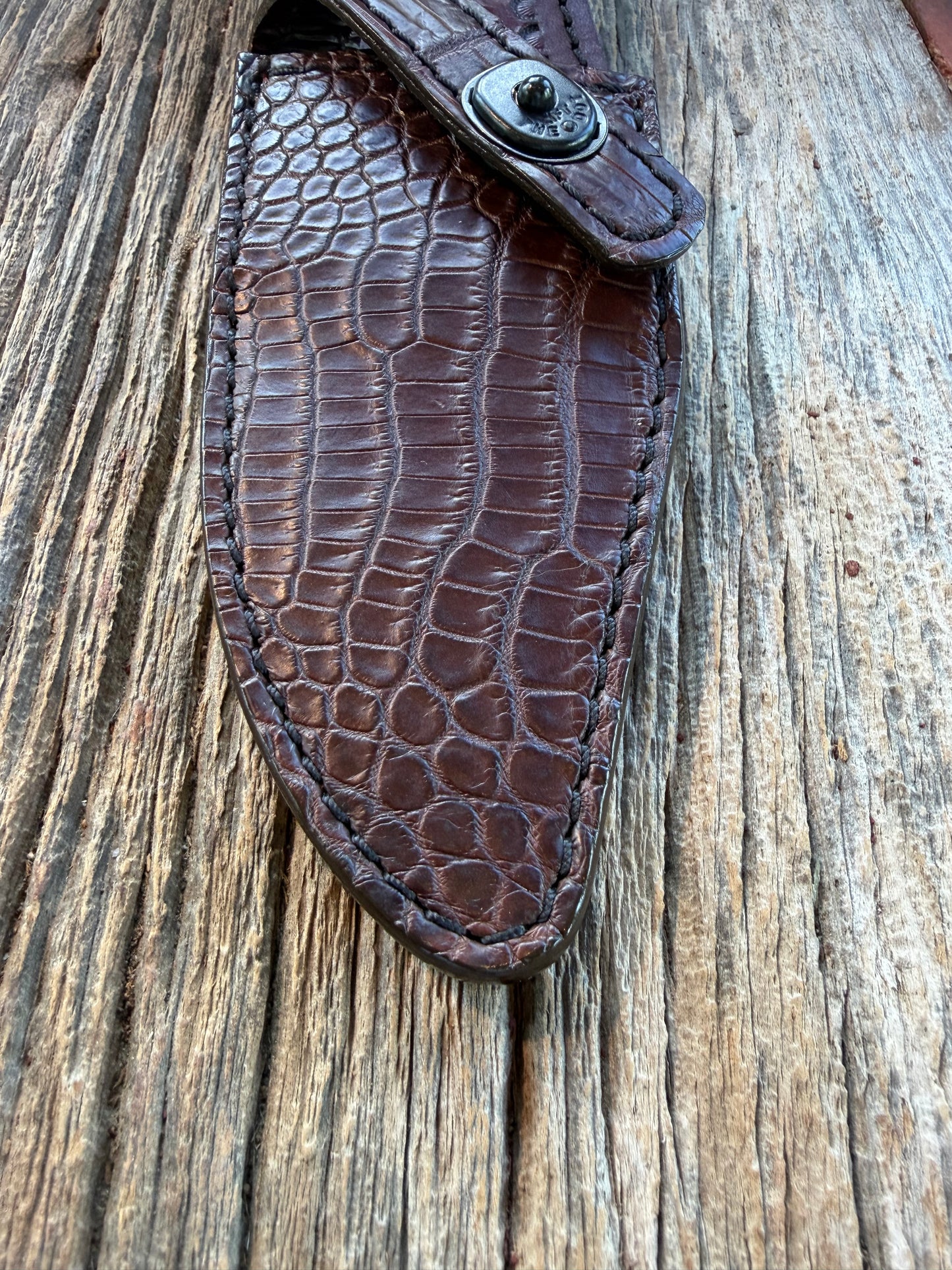 New Randall Model 19-5 Sheath in Exotic Dark Brown Crocodile from Treeman with the newest Black Canteen snap.