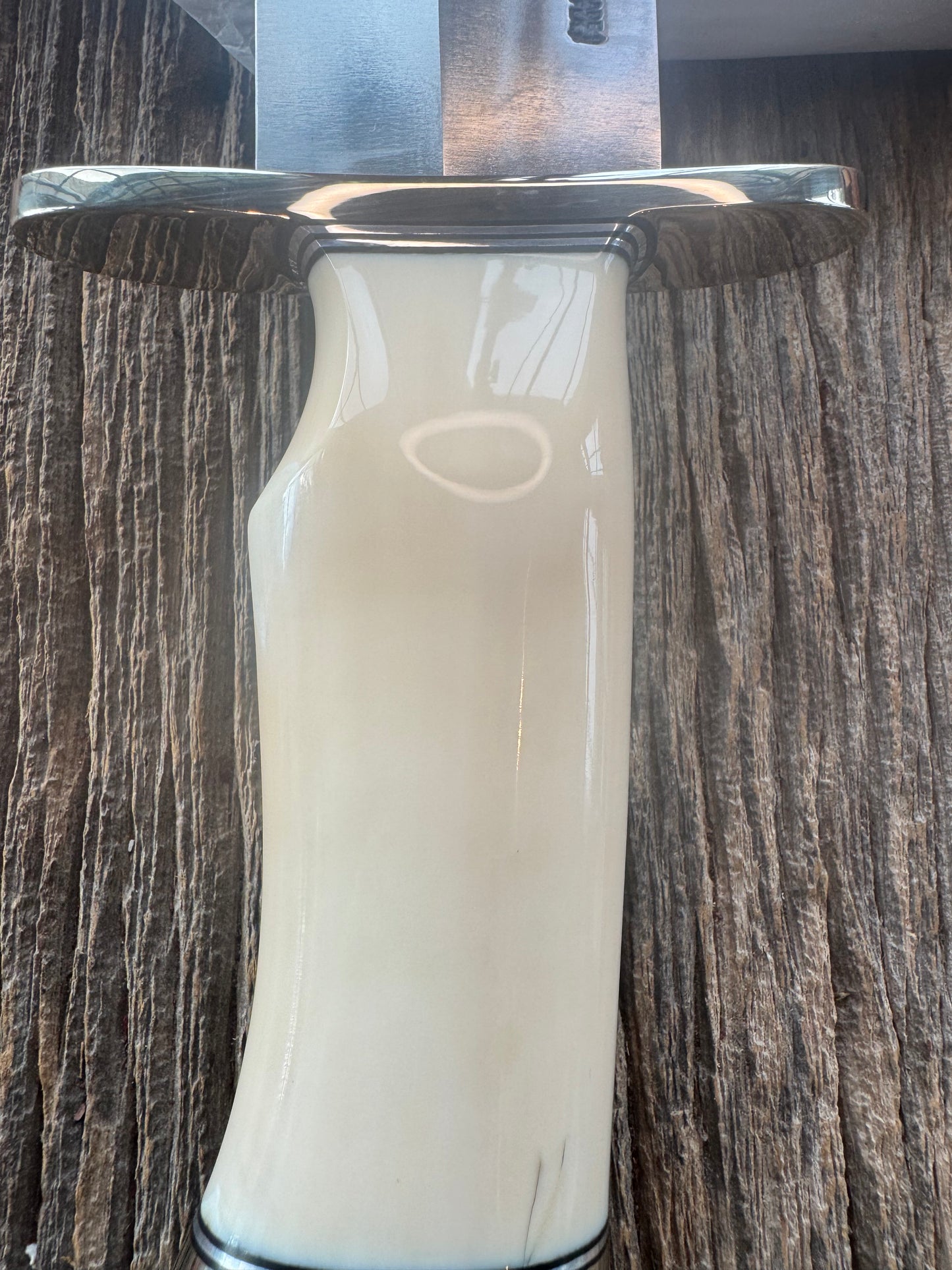 New in Paper Model 12-11 Smithsonian “Smitty” Bowie. Beautiful creamy Fossil Walrus Ivory with a single finger grip and a Nickel  Silver forward curved hilt and butt cap. Unreal Scrim opportunity!! Blank Canvas..
