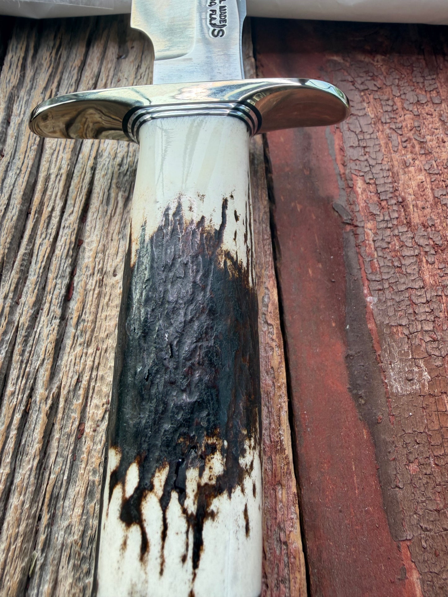 New in Paper Randall Made Knife Model 1-8 Stag , Stainless, Black and Aluminum spacers, Nickel Silver Hilt, Aluminum butt cap.