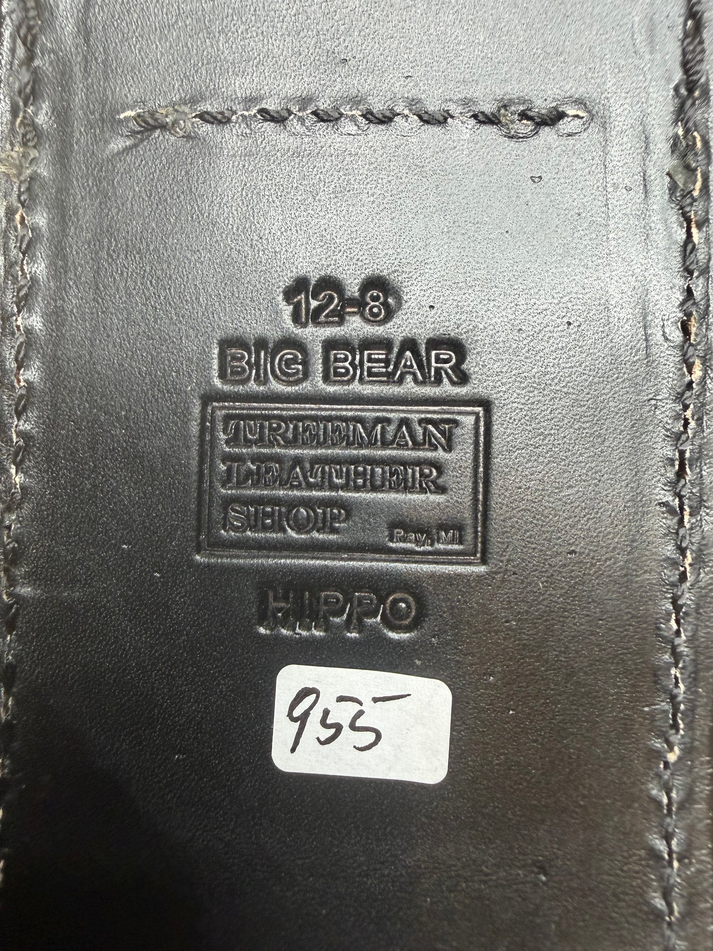 Randall Model 12-8 “Big Bear” in Black Hippo, forward curved hilt, black Canteen Snap, full brass stamping and stitching.