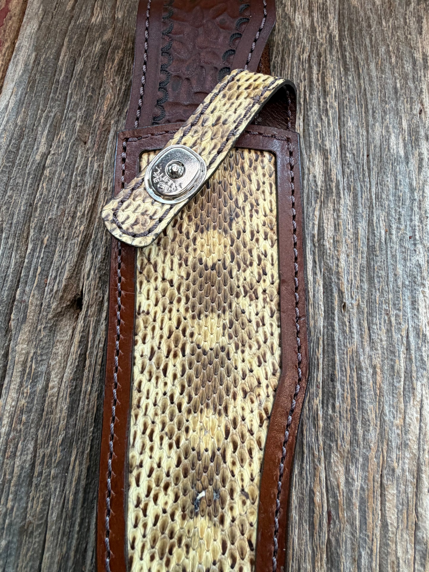 Randall Model 12-8 Big Bear Sheath in Exotic West Texas Yellow Gopher Snake from Treeman Sheaths.