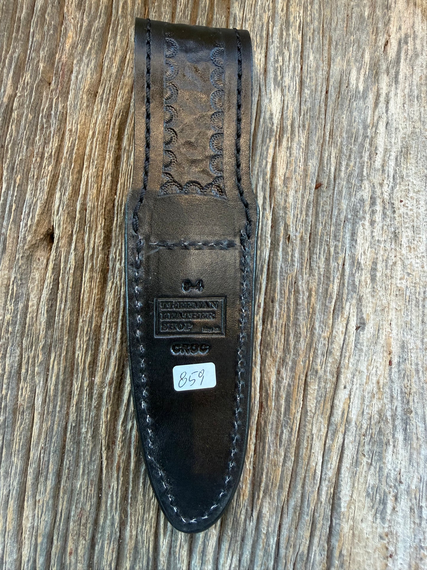 New Randall Model 8-4 Sheath in Exotic Black Crocodile tail from Treeman. Black canteen Snap .. Johnny Cash Style … All Black.