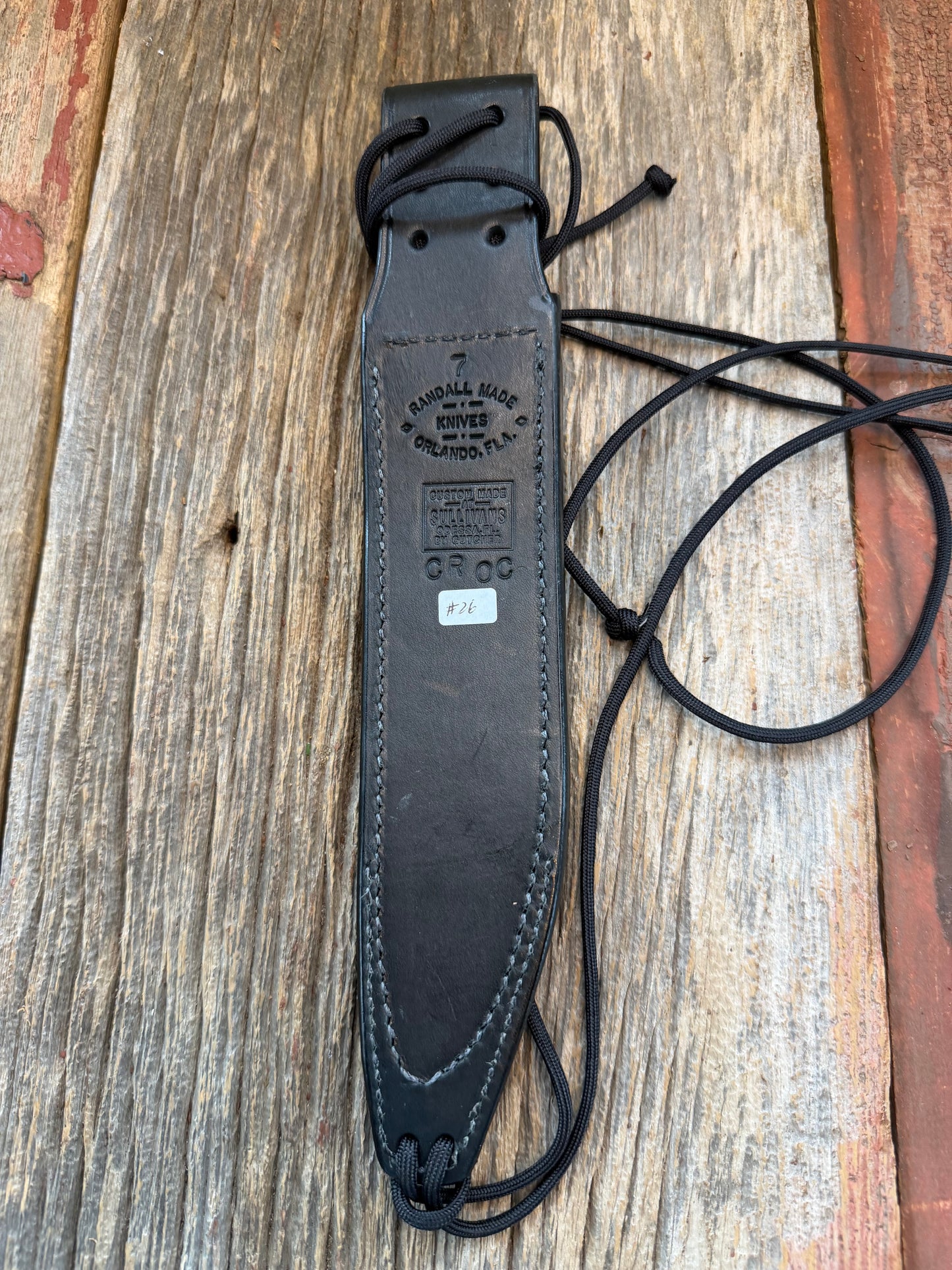 New Randall Model 1-7 or 2-7 Sheath in Exotic Black Natural Croc with lanyard straps. Custom Made at Sullivan’s by Gutcher.