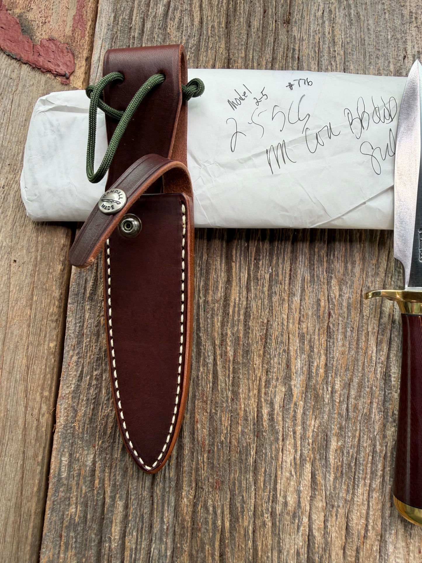 New in Paper Randall Knife Model 2-5 Beautiful  Brass Hilt, Collar and rounded Butt cap,Carbon Blade, Maroon Micarta Handle