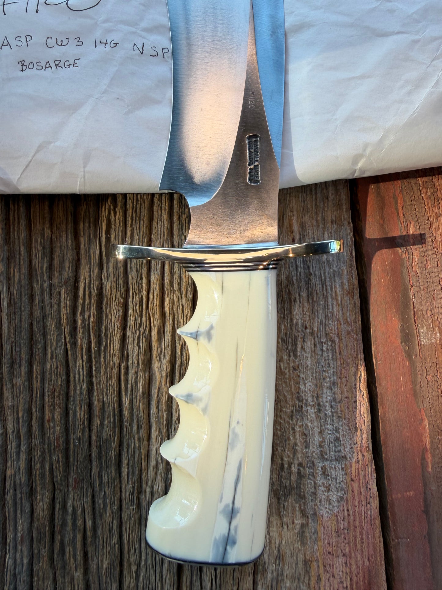 NOTE : Item is part of my personal Collection. Adding to cart will not result in sale. New in Paper Randall Model 12-11 Dealer Special Large Sasquatch Huge piece of Pearly White Fossil walrus Ivory, Finger Groves , # 1120 Nickel Silver Hilt and butt cap.