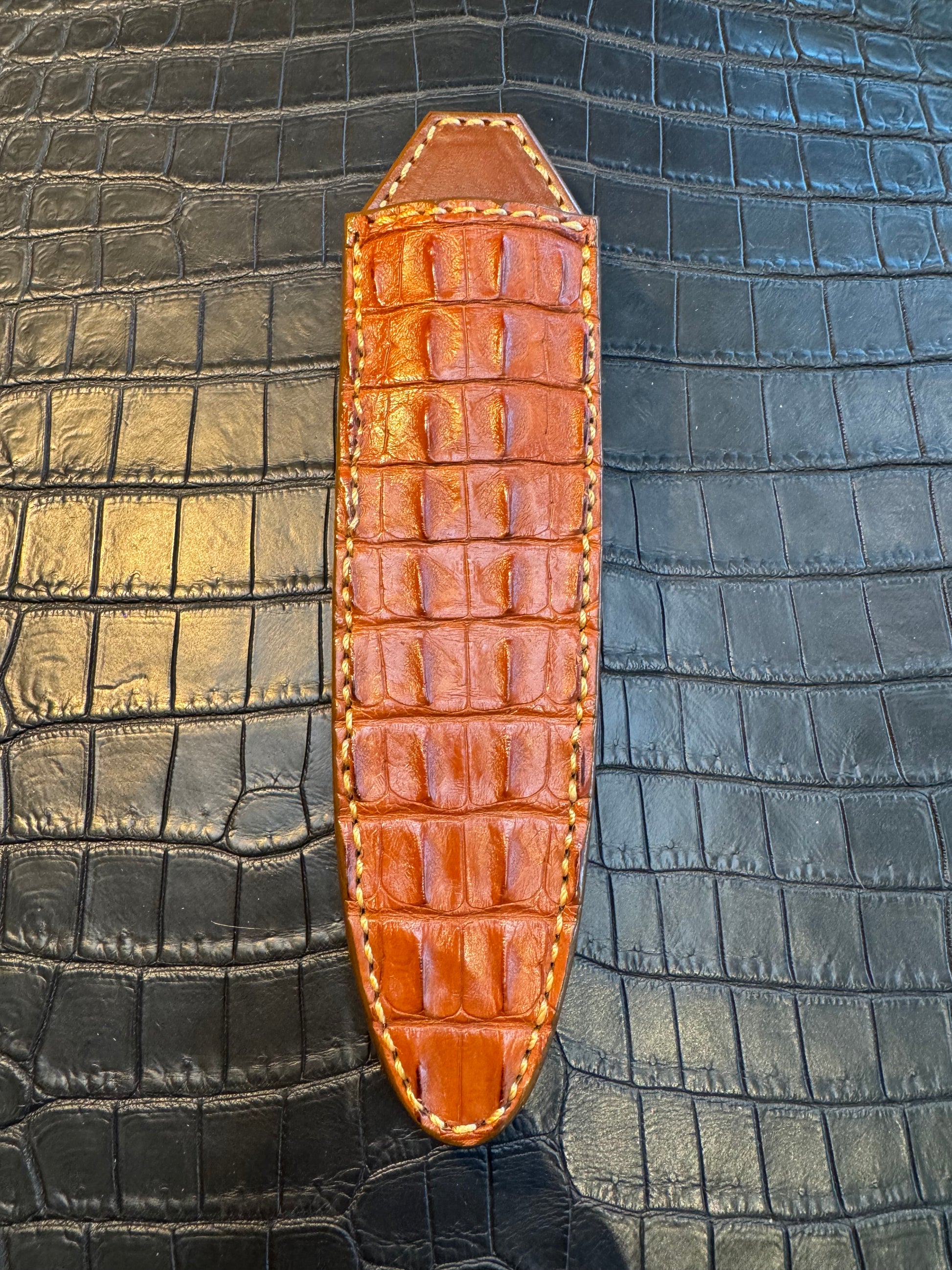 Randall Model “Gambler” 5 Inch Sheath in Exotic Honey Tan Hornback Crocodile by Treeman. (Sheath only)