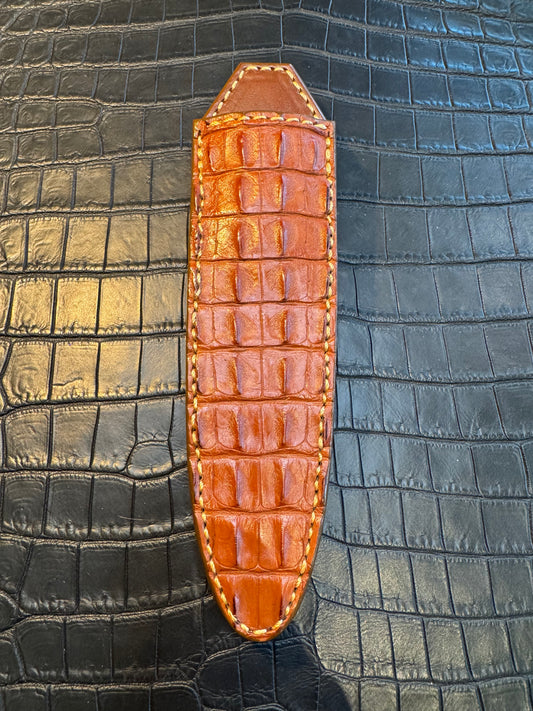 Randall Model “Gambler” 5 Inch Sheath in Exotic Honey Tan Hornback Crocodile by Treeman. (Sheath only)