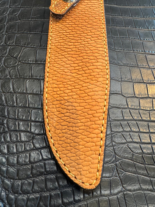 Randall Model 14 in Beaver Tail, Straight hilt, Canteen Snap, full brass stamping and stitching.