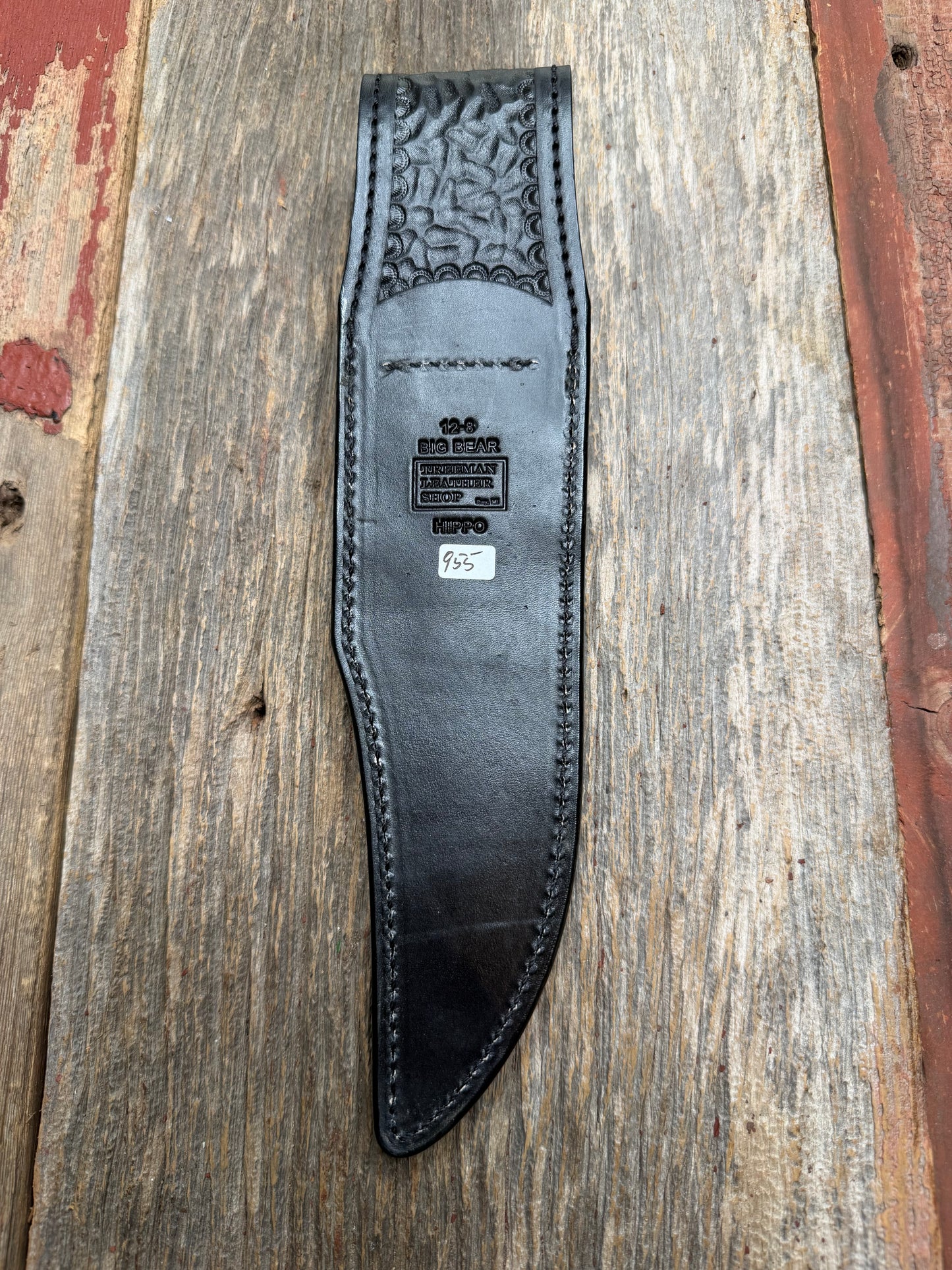 Randall Model 12-8 “Big Bear” in Black Hippo, forward curved hilt, black Canteen Snap, full brass stamping and stitching.