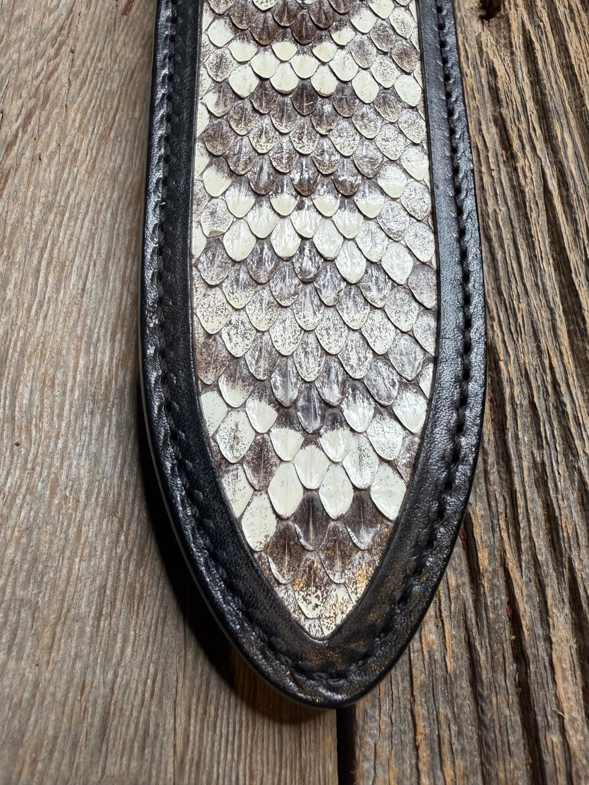 Randall Model Clinton Special sheath with an Eastern Diamondback RattleSnake skin from Treeman Sheaths. Hand tooled belt loop, canteen snap. One the hardest skins to source.